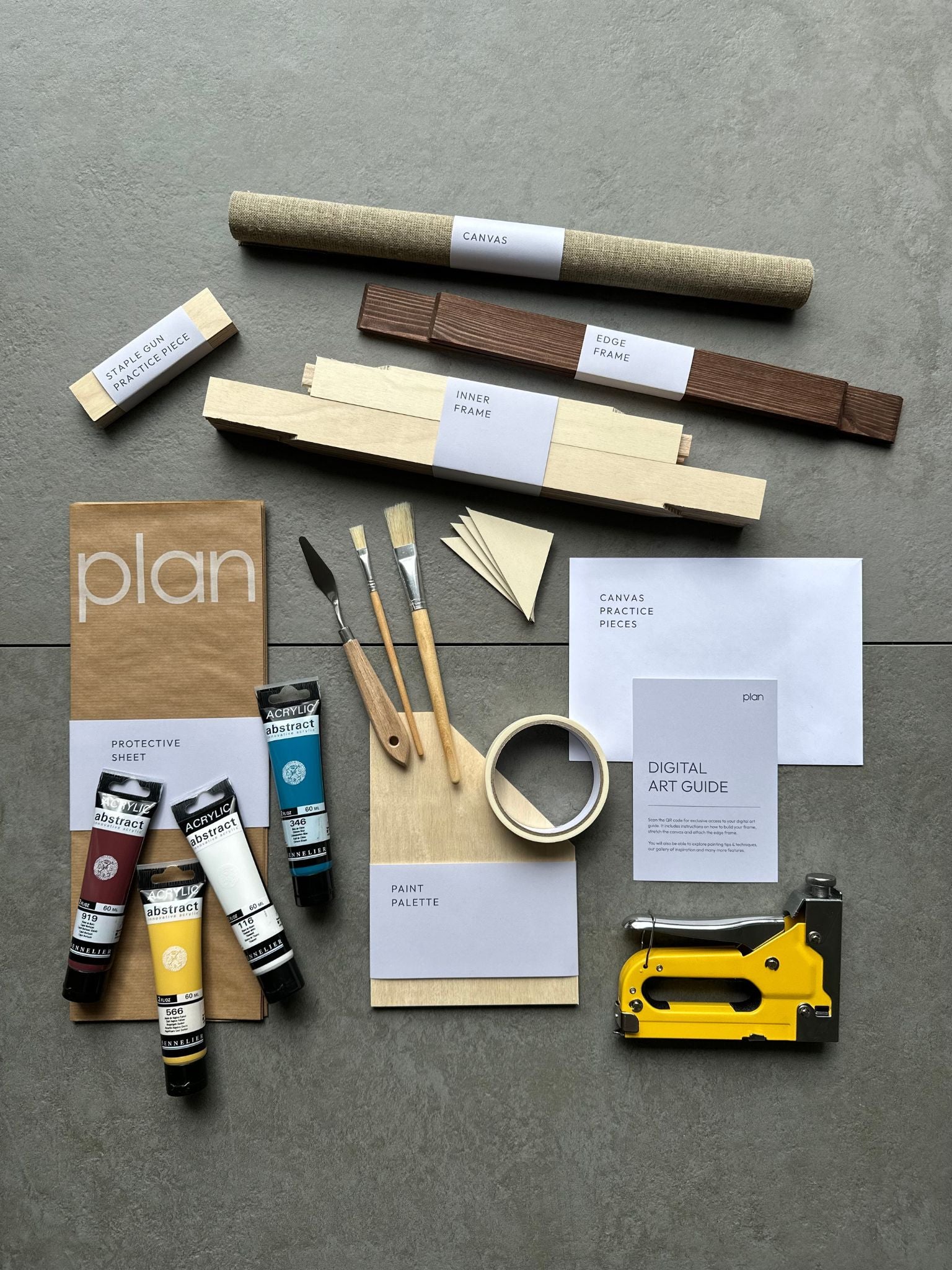 Plan Skift Art Kit, Gamla Stan Colour Palette in size 30x40cm with dark oak frame — explore the full contents designed for structure, spontaneity, and creating your own abstract art at home.