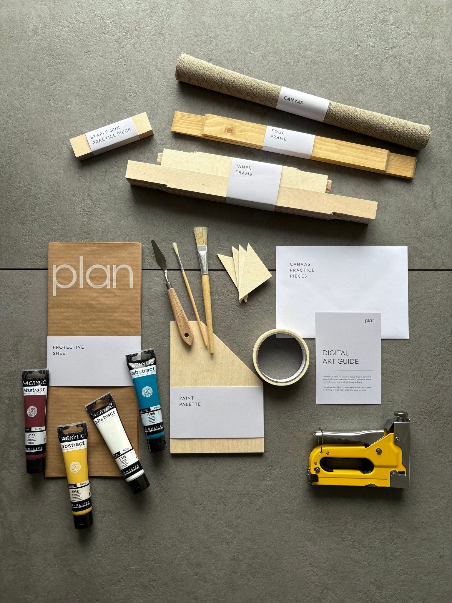 Kit contents for Plan Skift Art Kit, Gamla Stan Colour Palette in size 30x40cm with an oak frame — everything you need to build a framed canvas and create your own abstract artwork at home.