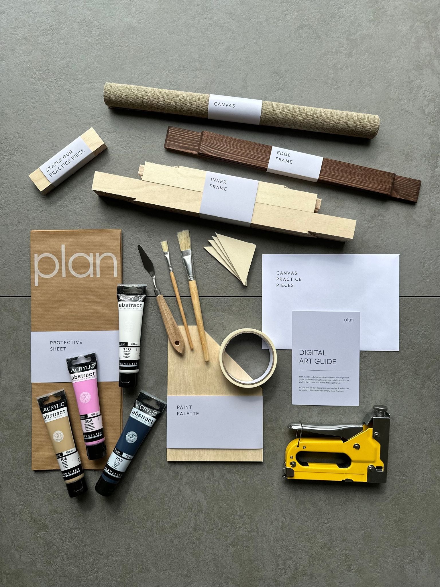 Plan Skift Art Kit, Rosa Colour Palette in size 30x40cm with dark oak frame — see the contents included to help you build a framed canvas and create your own bold, graphic artwork at home.