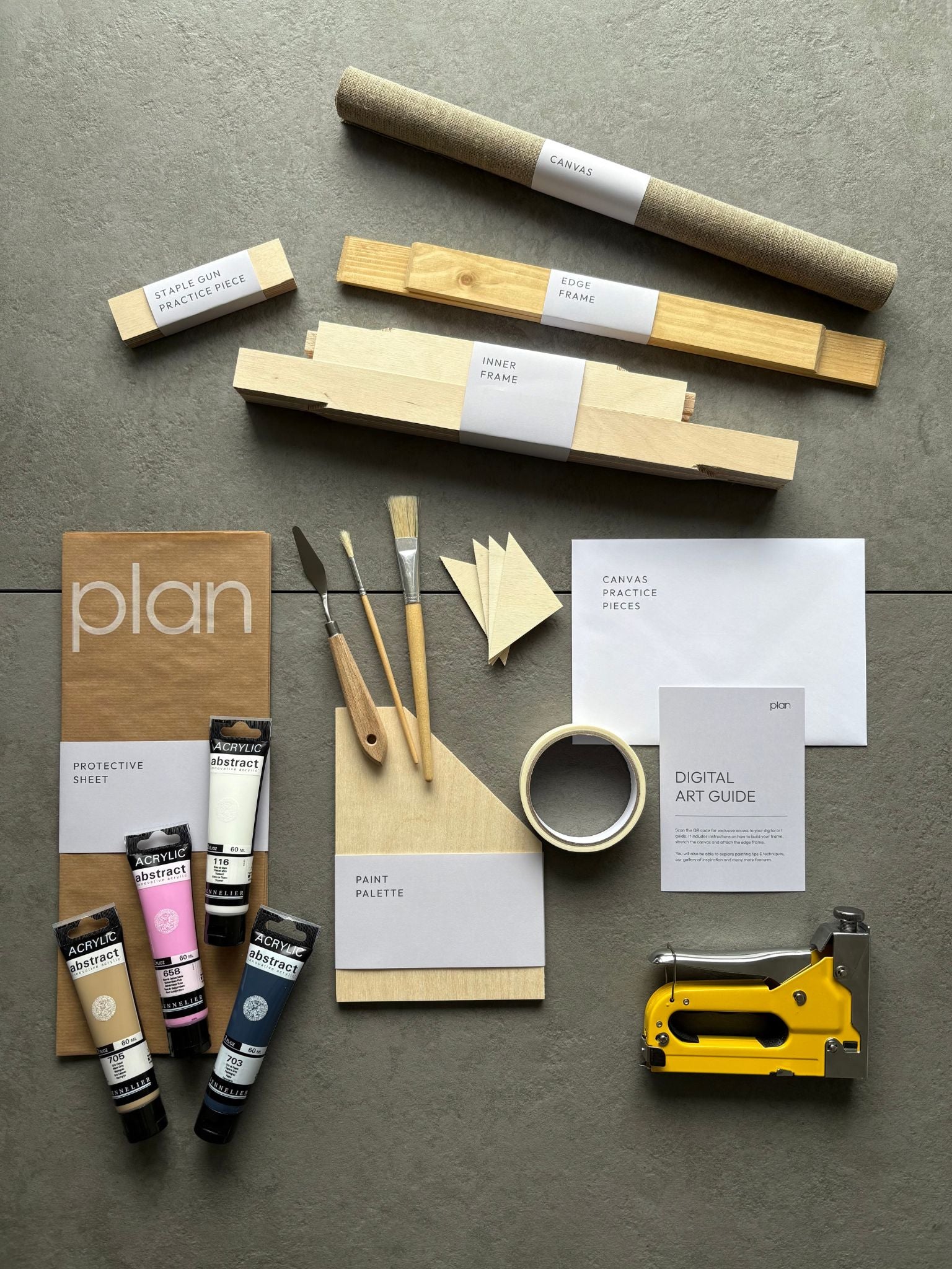 Kit contents for Plan Skift Art Kit, Rosa Colour Palette in size 30x40cm with an oak frame — see all art supplies included to help you build a framed canvas and create your own bold, graphic artwork at home.