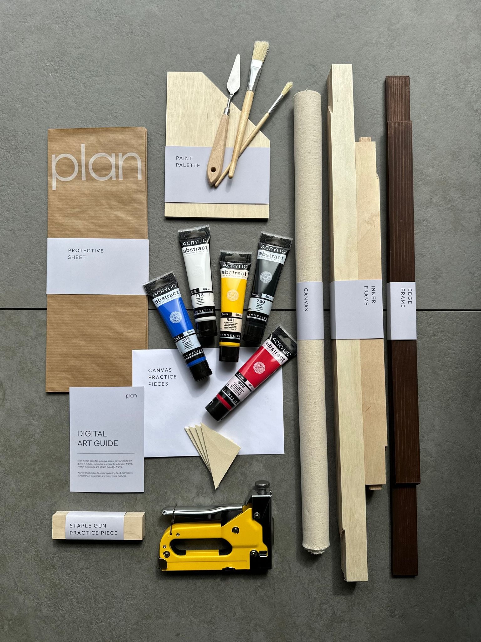 Plan Vild Art Kit in frame size 50x70cm — see the complete contents designed for movement, energy, and making your own expressive abstract art at home.
