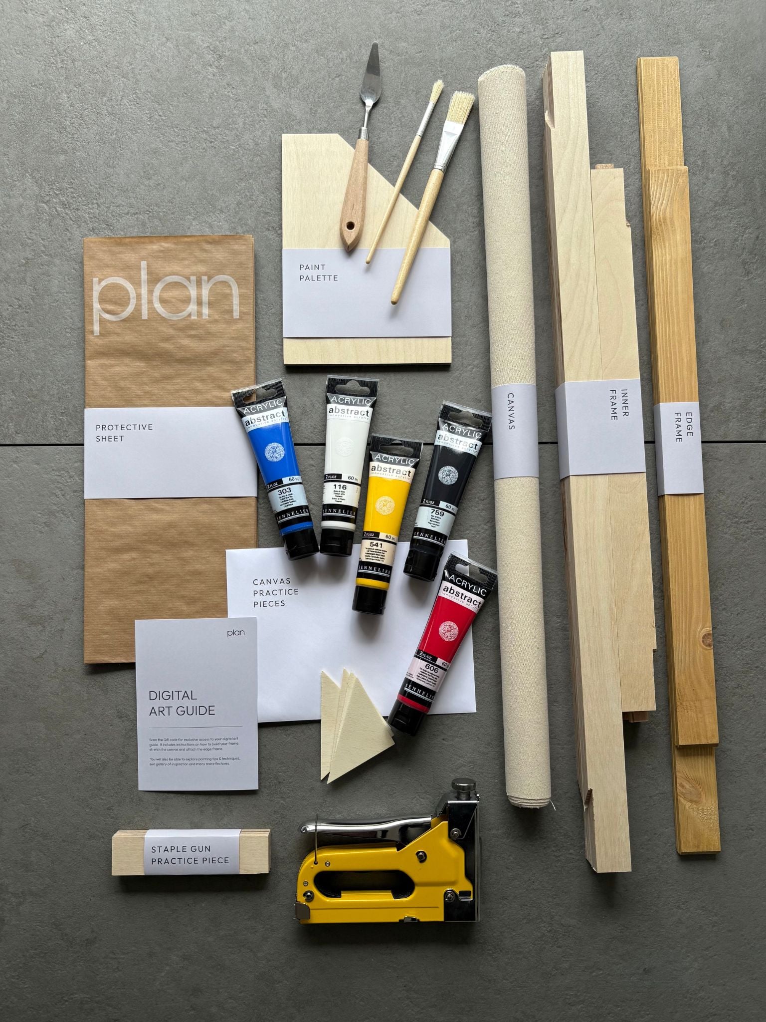 Plan Vild Art Kit in size 50x70cm  with an oak frame — handcrafted frame, cotton canvas, and all art supplies needed to build a framed canvas and create bold, colourful artwork with full freedom at home.