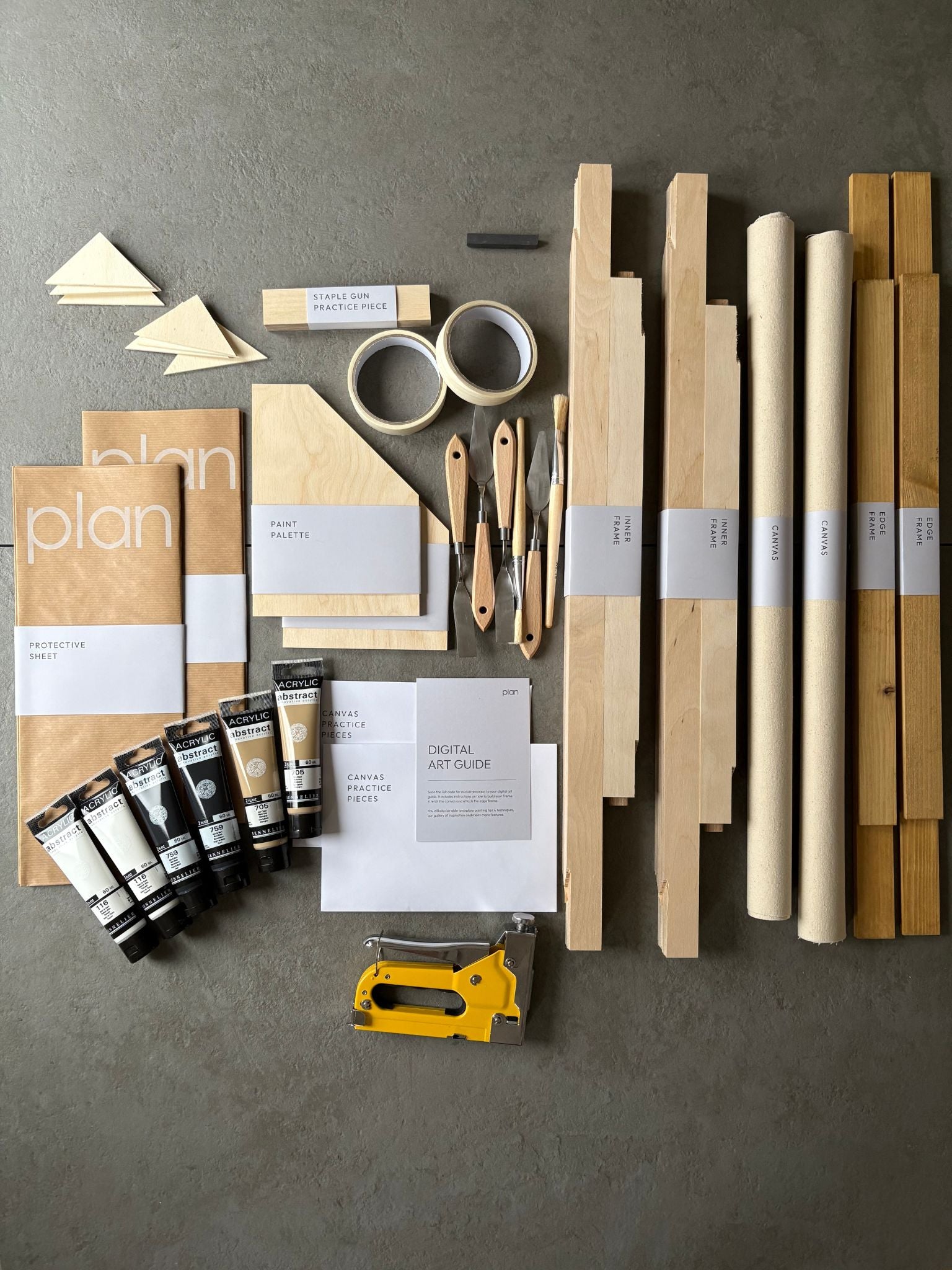 DIY double art kit UK – black, white and beige colour palette with oak frames, 50 × 70 cm cotton canvas. Create your own modern minimalist wall art with Plan art kits.
