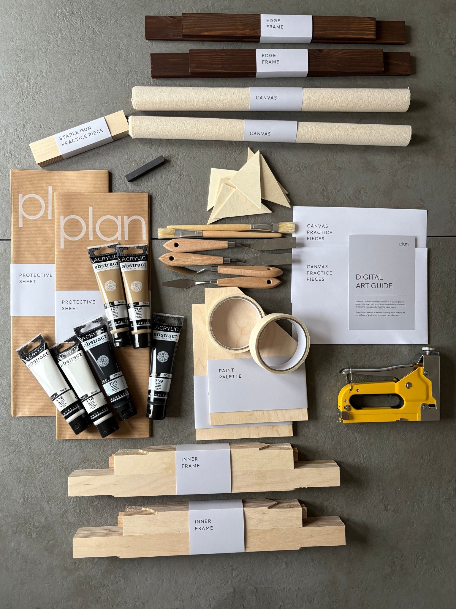 Minimalist DIY art kit UK – black, white and beige double canvas set with dark oak frames 30 × 40 cm. Plan Monochrome 01 Double Kit for modern abstract wall art and creative projects.