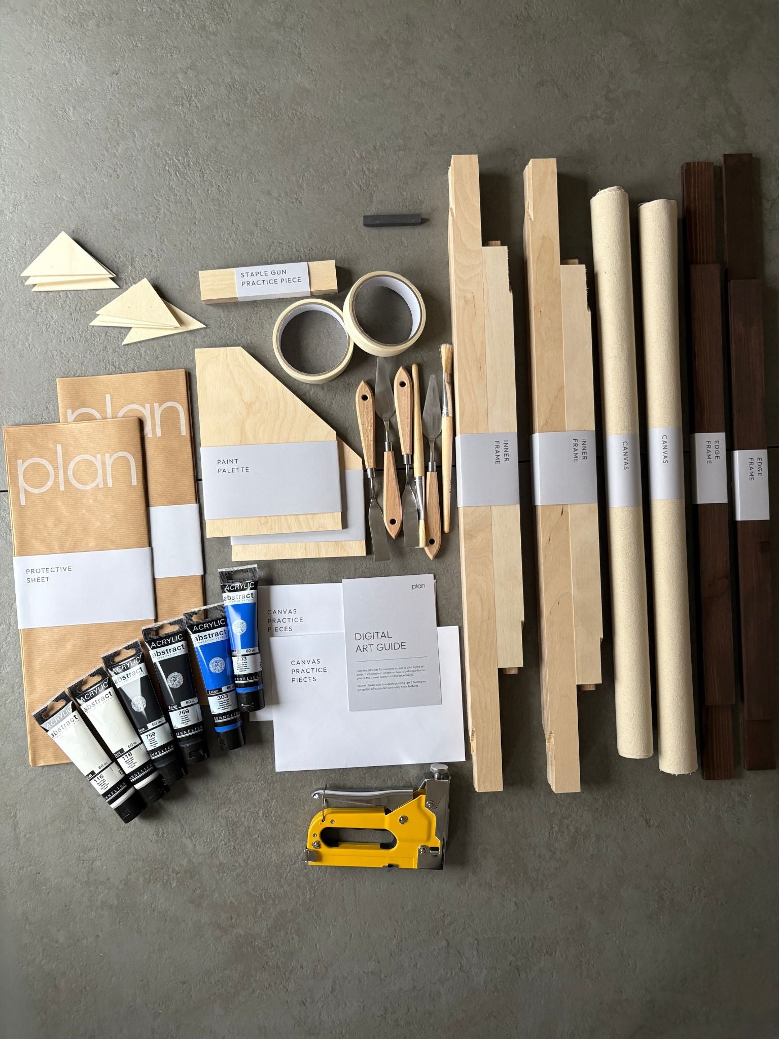 Large DIY art kit UK – create two black and white abstract canvases with blue accent, 50 × 70 cm cotton canvas with dark oak frames. Plan Monochrome 01 Double Kit for minimalist home decor and creative gifts.