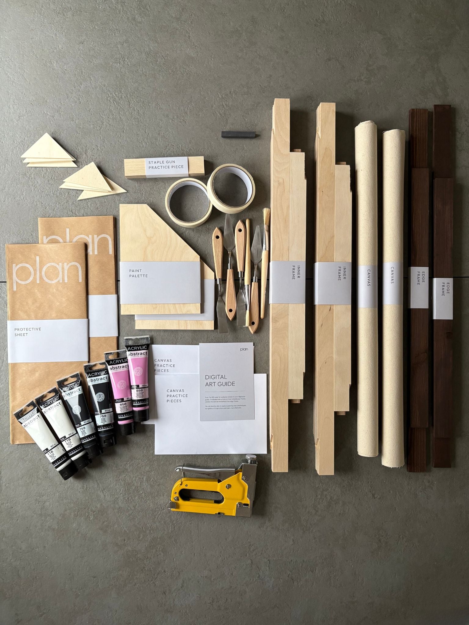 DIY abstract art kit UK – black and white double canvas set with pink accent and dark oak frames, 50 × 70 cm cotton canvas. Make your own minimalist wall art with Plan.