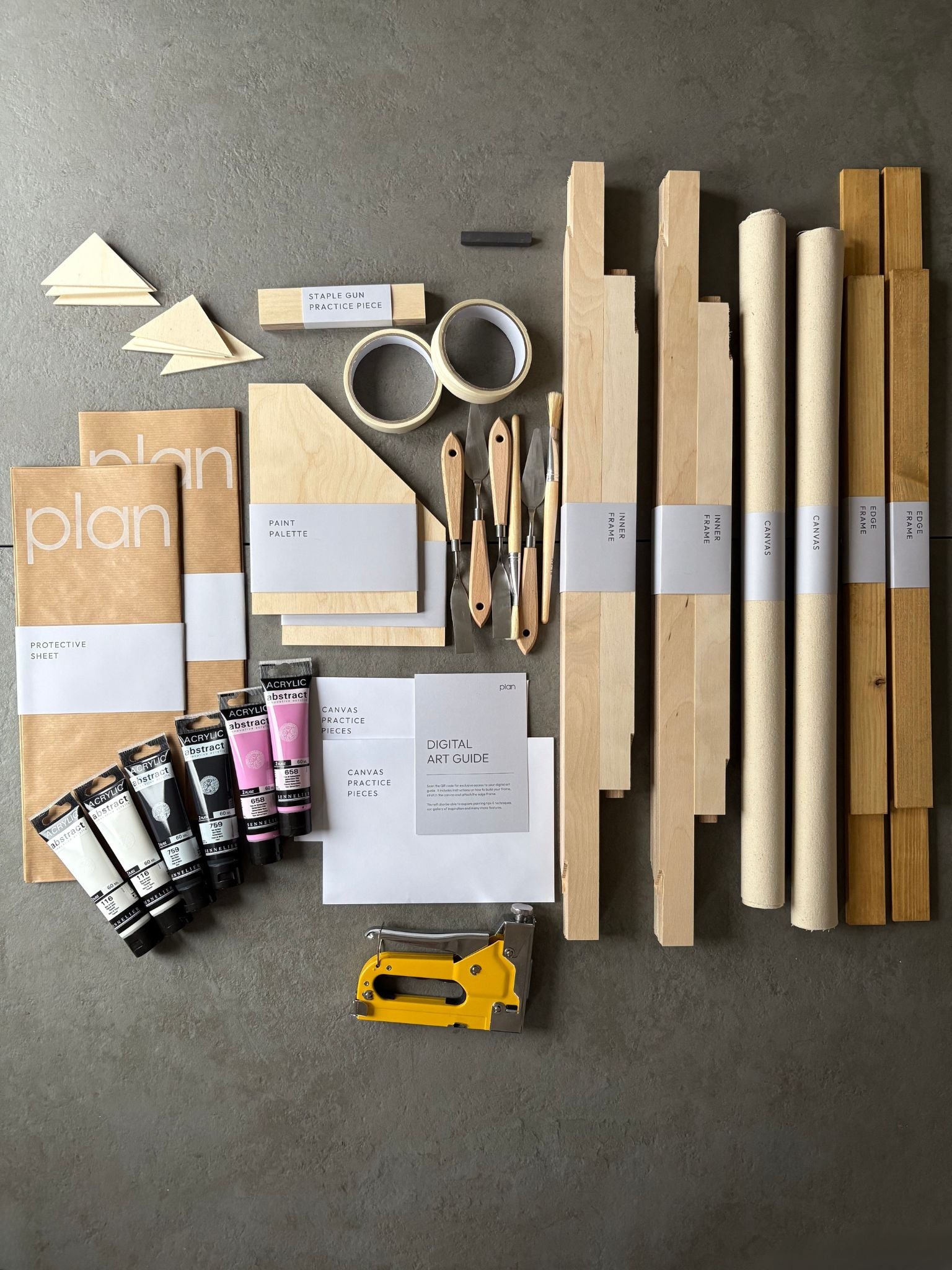 DIY double art kit UK – create two framed black and white abstract paintings with soft pink accent, 50 × 70 cm cotton canvas with oak frames. Ideal modern home decor and creative gift idea.