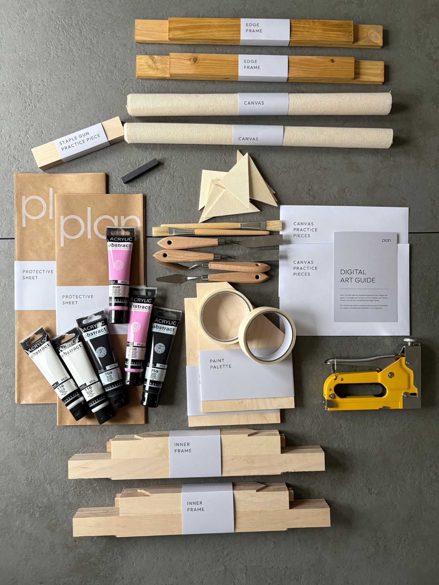 DIY double art kit UK – black and white canvas pair with soft pink accent and oak frames. 30 × 40 cm cotton canvas set by Plan for modern home decor and creative gift ideas.