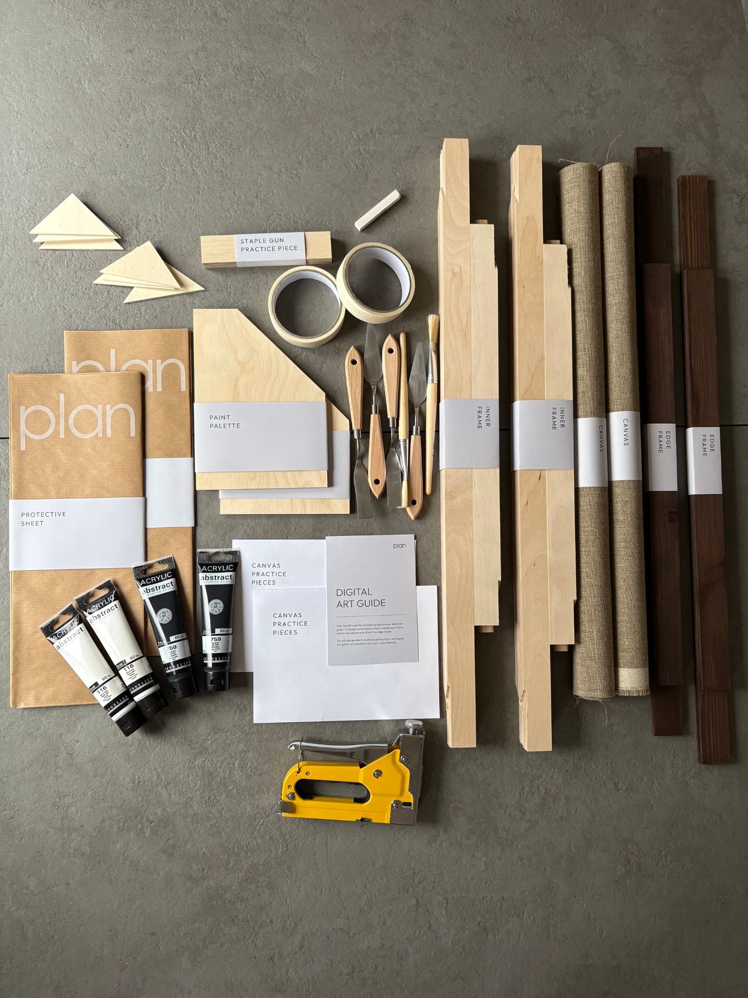 DIY black and white wall art kit UK – create two large minimalist linen canvases with dark oak frames, 50 × 70 cm. Plan Monochrome 02 Double Kit for stylish home decor.