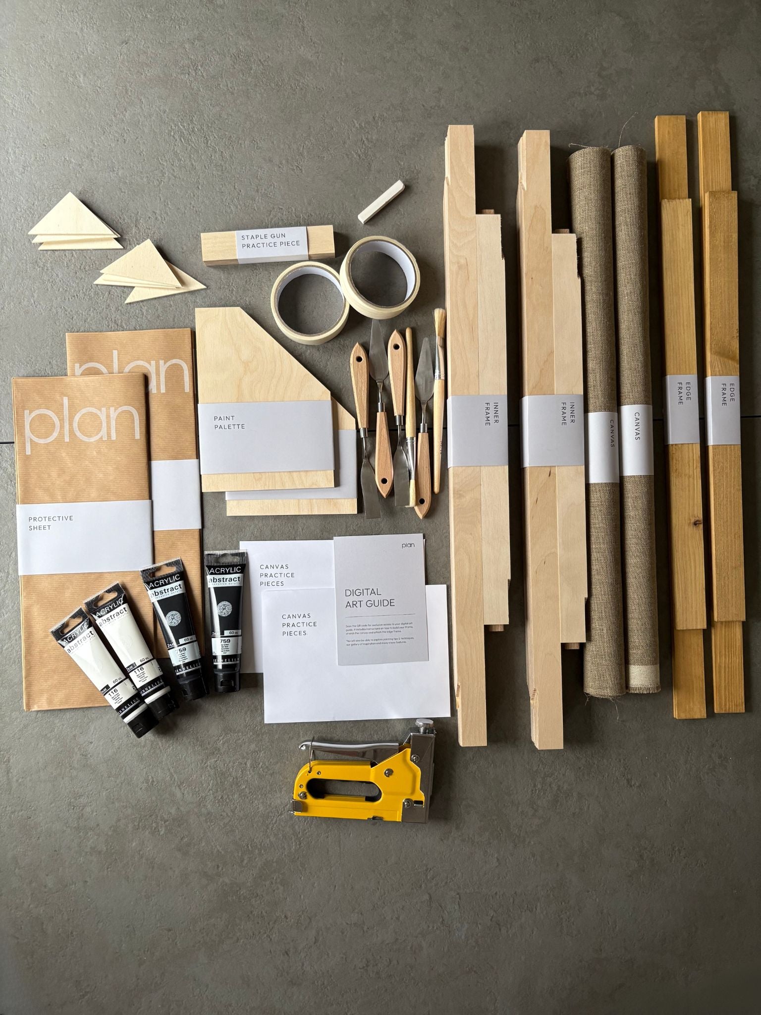 Large DIY art kit UK – black and white minimalist double canvas set with oak frames, 50 × 70 cm linen. Plan Monochrome 02 Double Kit for modern interiors and creative gifts.