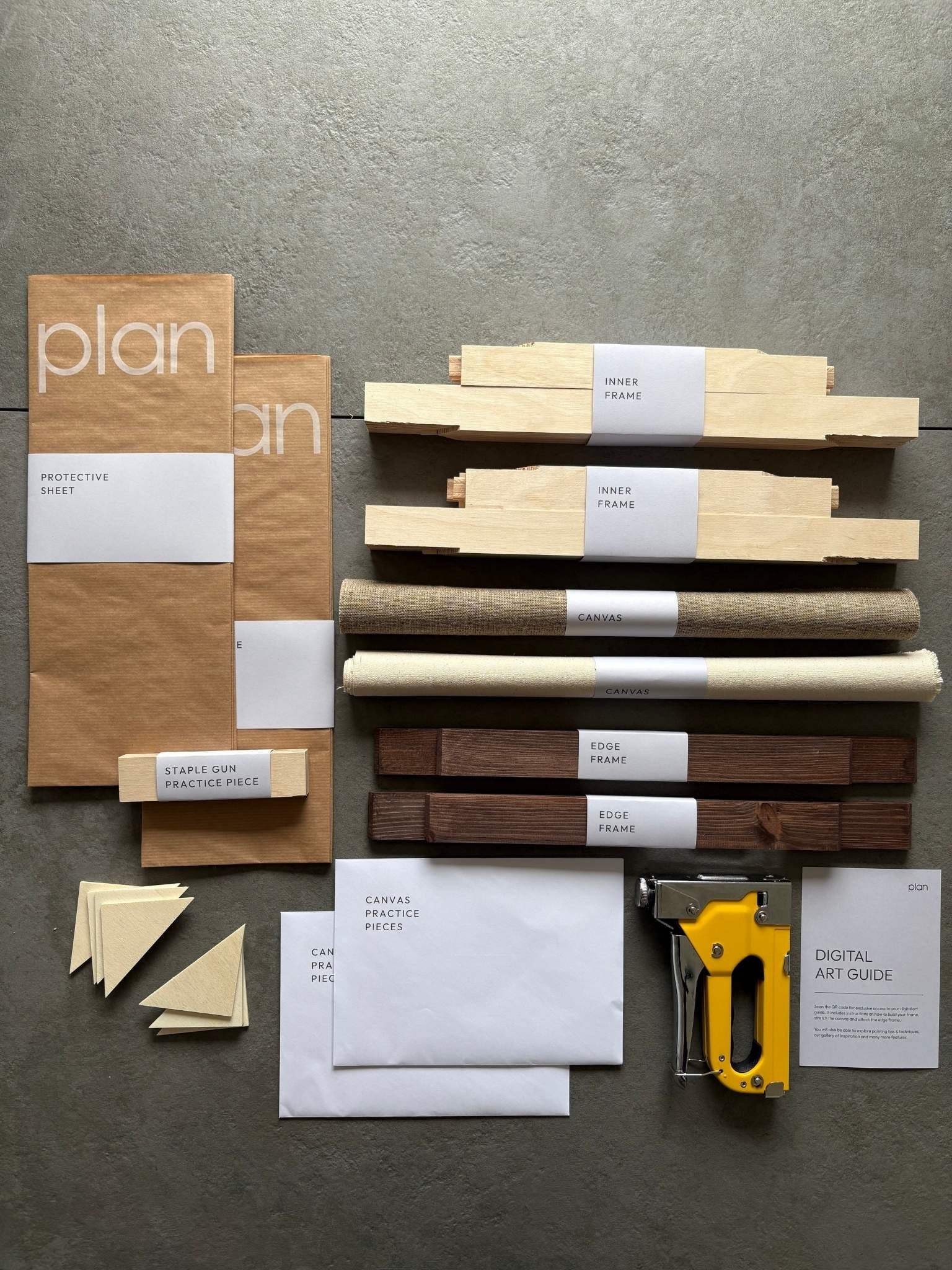 Plan Blank Canvas Double Art Kit in 30×40cm with two dark oak edge frames, inner frame set, cotton and linen canvases, practice pieces, protective sheet, staple gun and digital art guide. High-quality DIY wall art kit UK for making your own framed artwork.