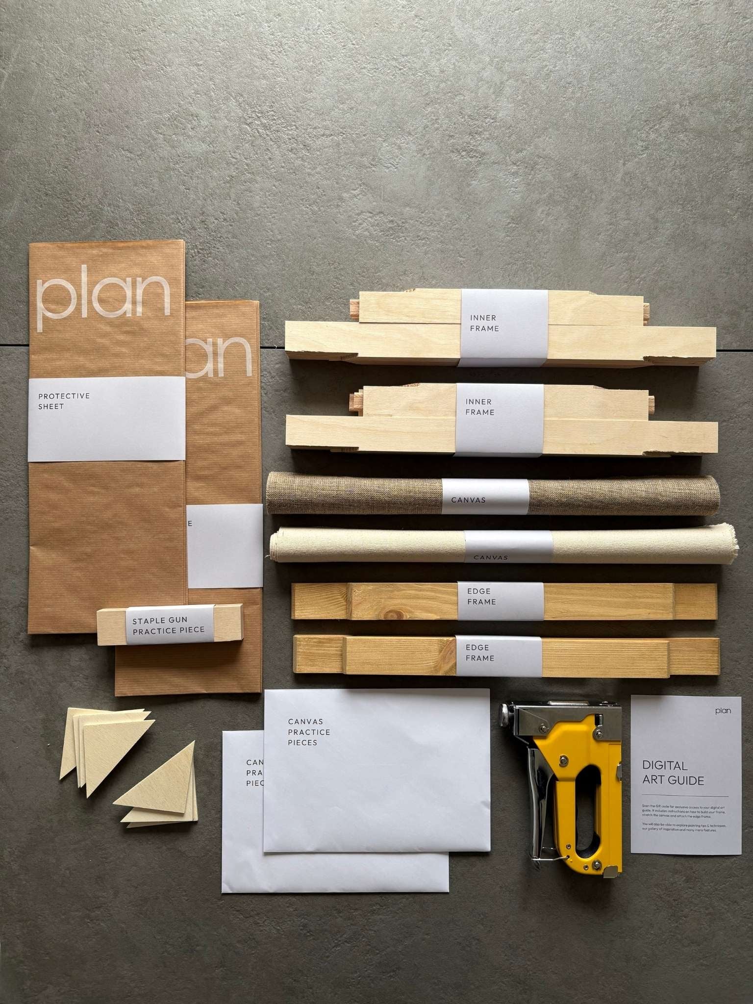 Plan Blank Canvas Double Art Kit in 30×40cm with two oak edge frames, inner frame pieces, cotton and linen canvases, protective sheet, practice canvas pieces, staple gun and digital art guide. Premium DIY art kit UK for creating your own framed artwork at home.