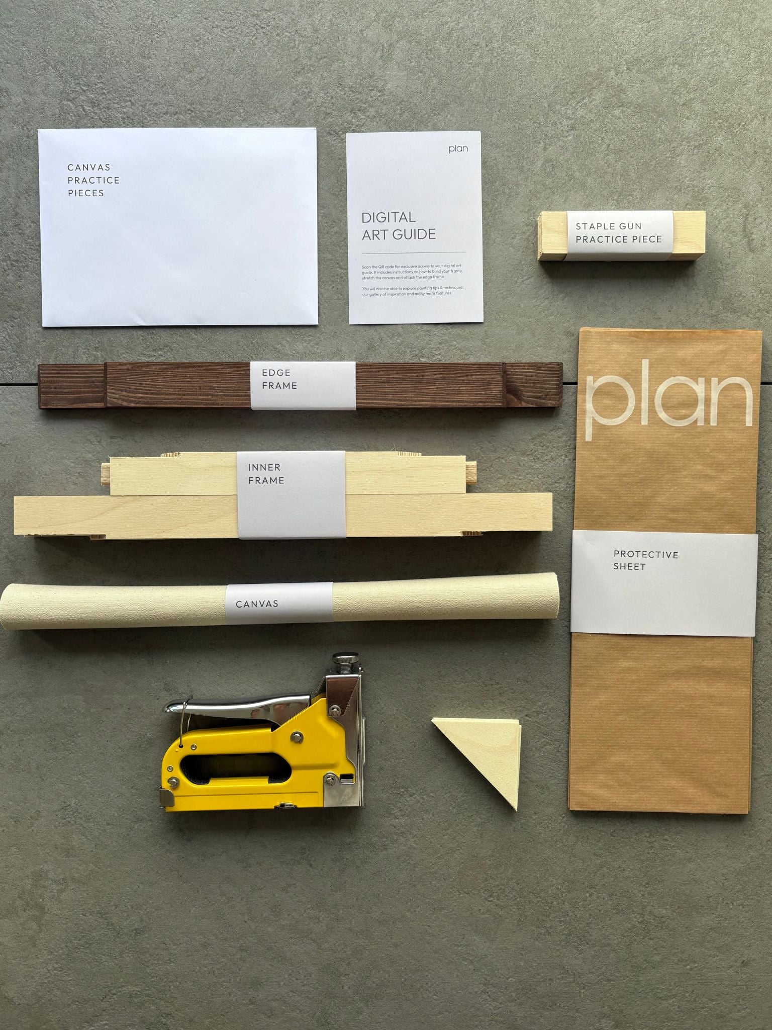 See the Kit Content's for Plan's Blank Canvas art kit in frame size 30x40cm. Dark oak frame, cotton canvas, and everything you need to assemble your framed canvas.