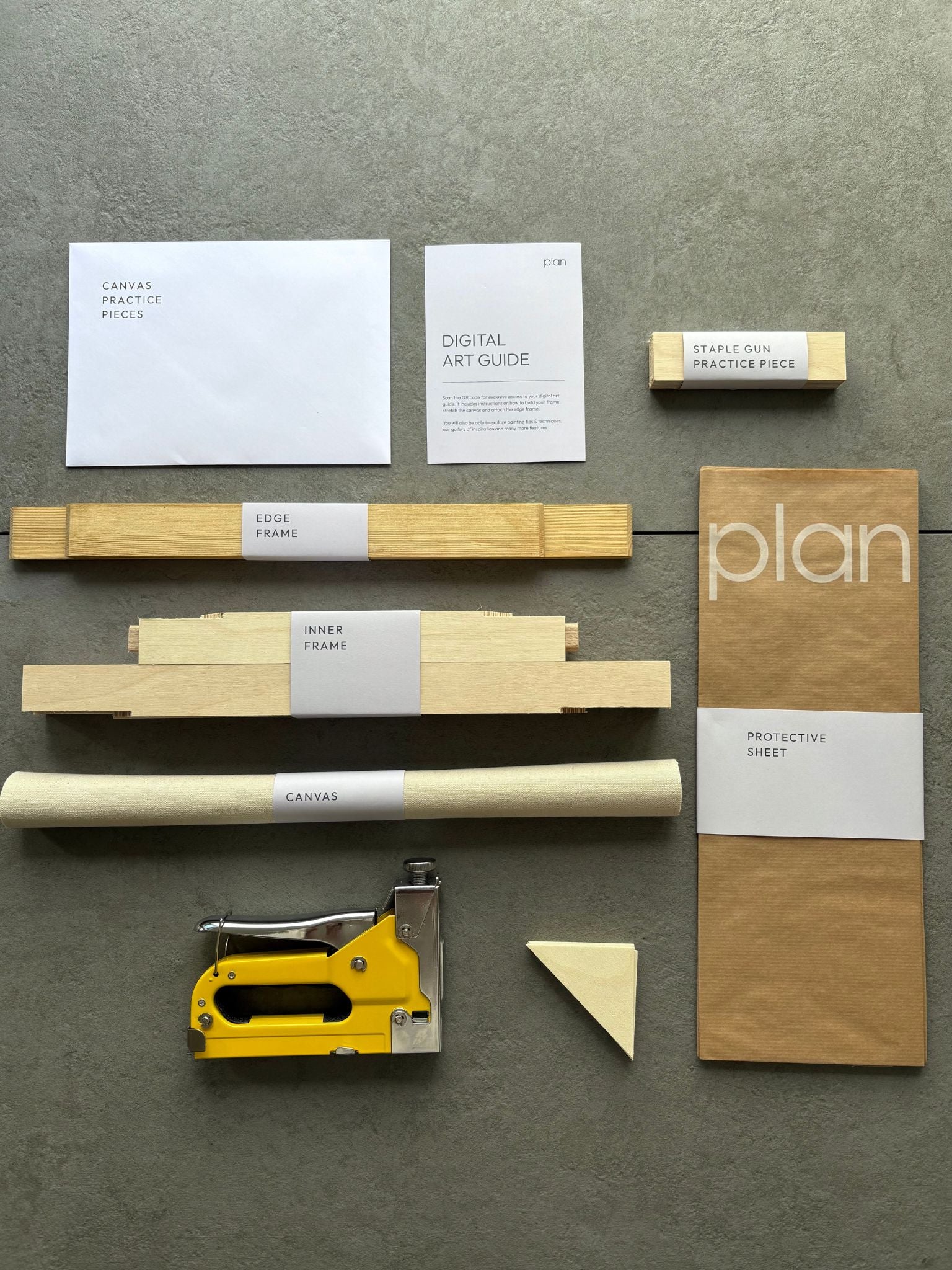 Art Kit Content's for Plan's Blank Canvas kit in frame size 30x40cm with oak frame and cotton canvas, plus everything you need to assemble it.