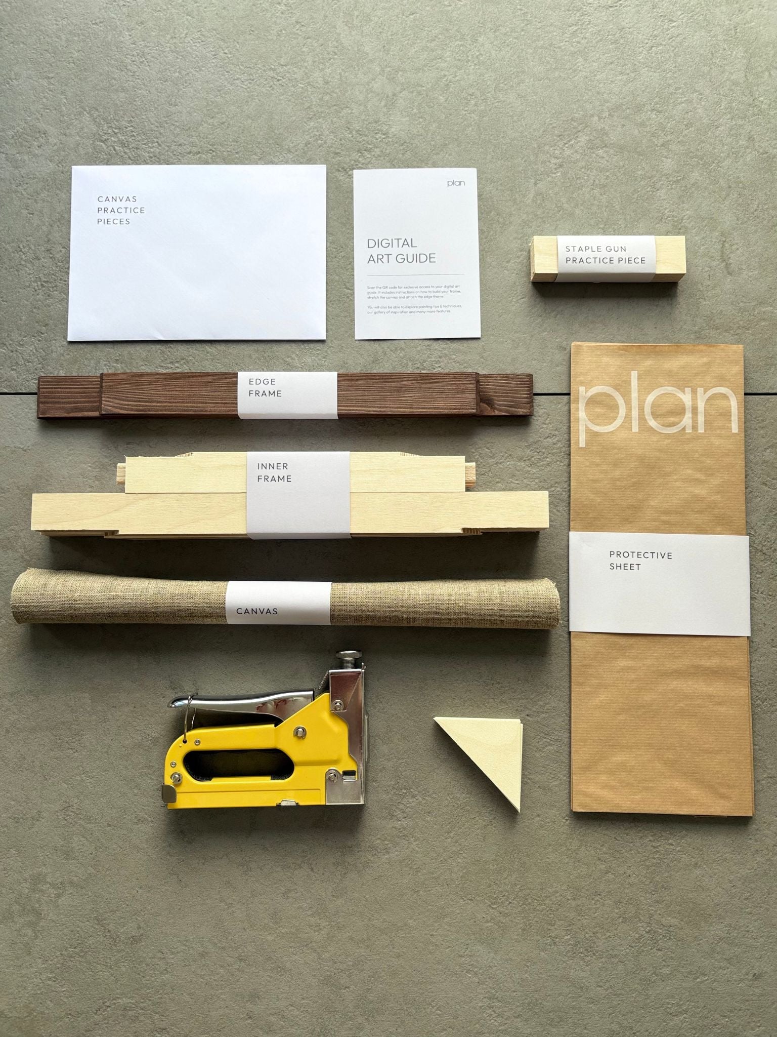 Discover Kit Content's for Plan's Blank Canvas art kit in frame size 30x40cm. Dark oak edge frame, raw linen canvas, and the tools you need to put it together.