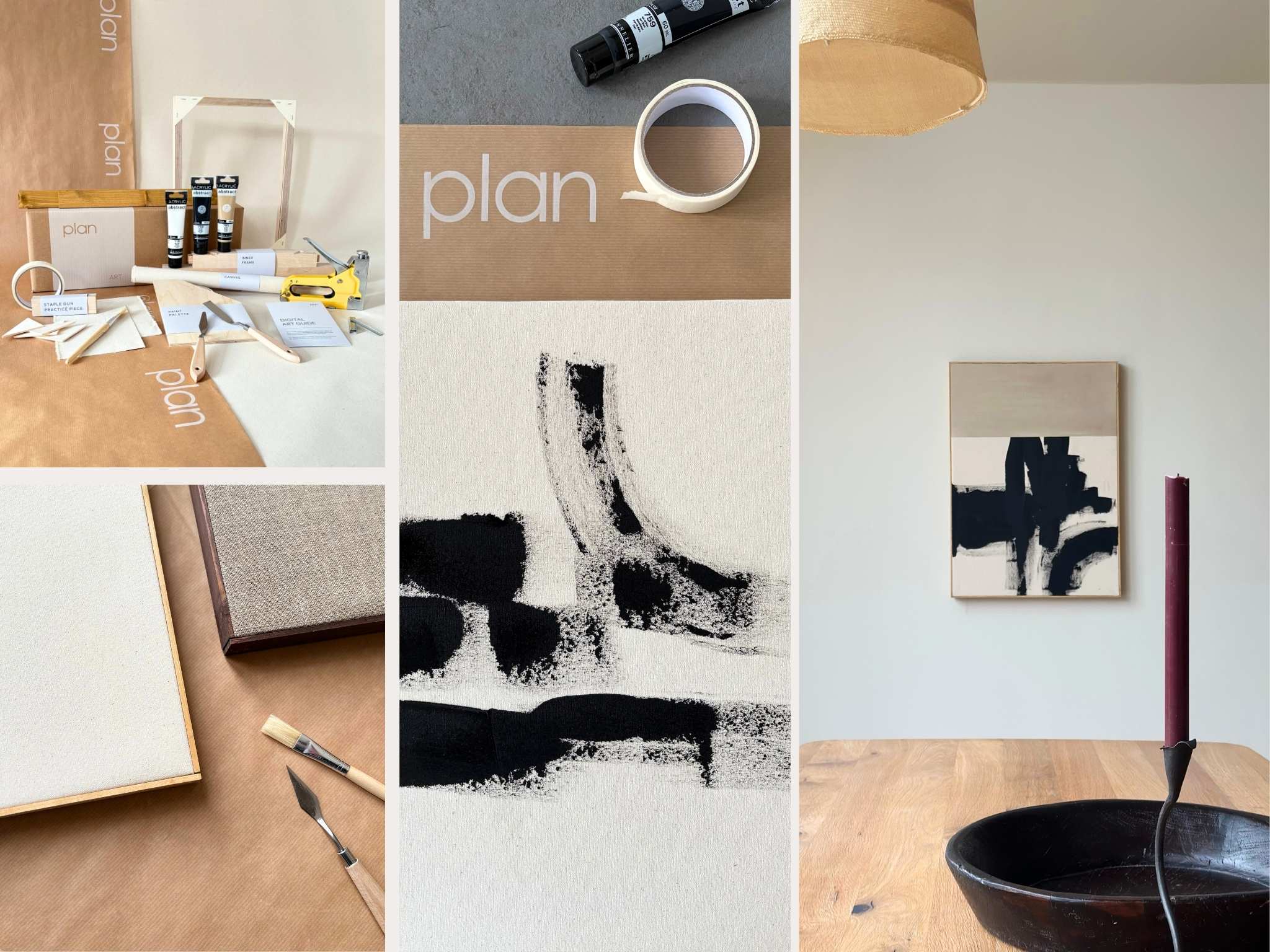DIY framed canvas art kit laid out flat, showing custom inner frames, oak edge frame pieces, cotton and linen framed canvases, and abstract painting tools and brushstrokes, plus a finished piece of art - highlighting everything needed to create your own framed artwork at home.