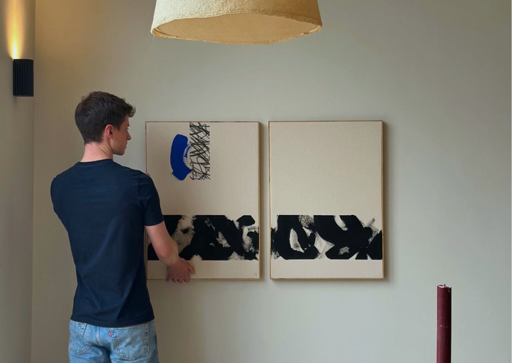 Two framed abstract artworks created with Plan Double Art Kits in Monochrome 01 aesthetic, displayed on wall in a neutral setting. DIY wall art kits for adults with handcrafted wooden frames.