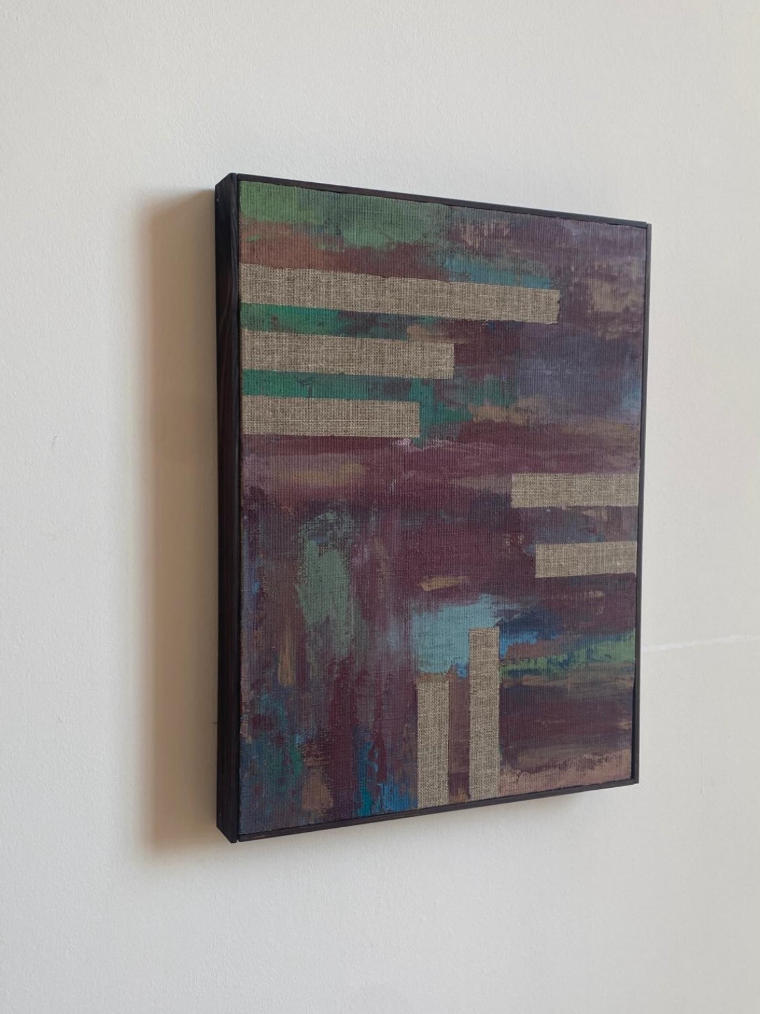 Customer-made framed canvas artwork created with a Plan DIY framed canvas art kit, abstract painting with deep burgundy and green tones hanging on a white wall
