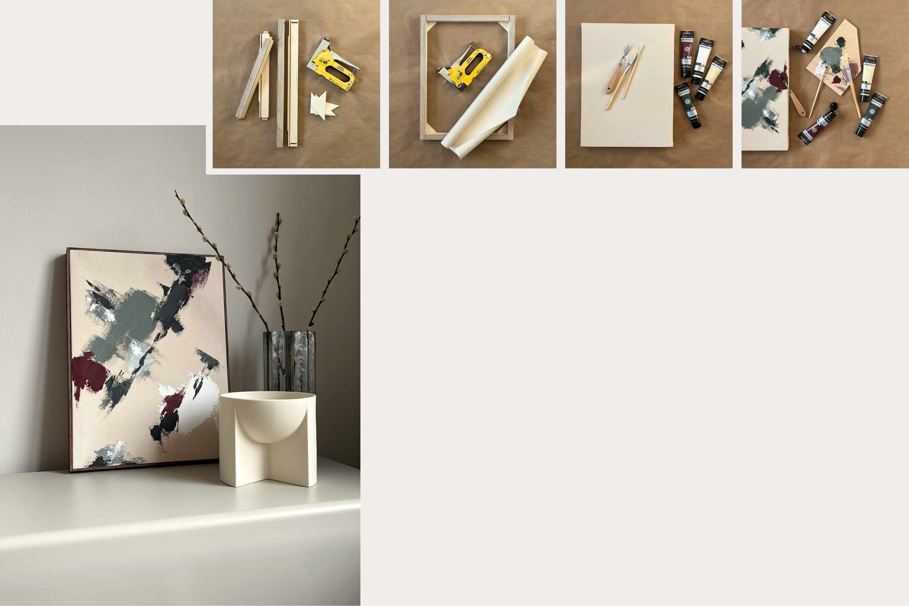 Plan DIY framed canvas art kit process showing custom inner frame, canvas, paints, tools, and a finished framed artwork with hand-stained dark oak edge frame in a modern home setting