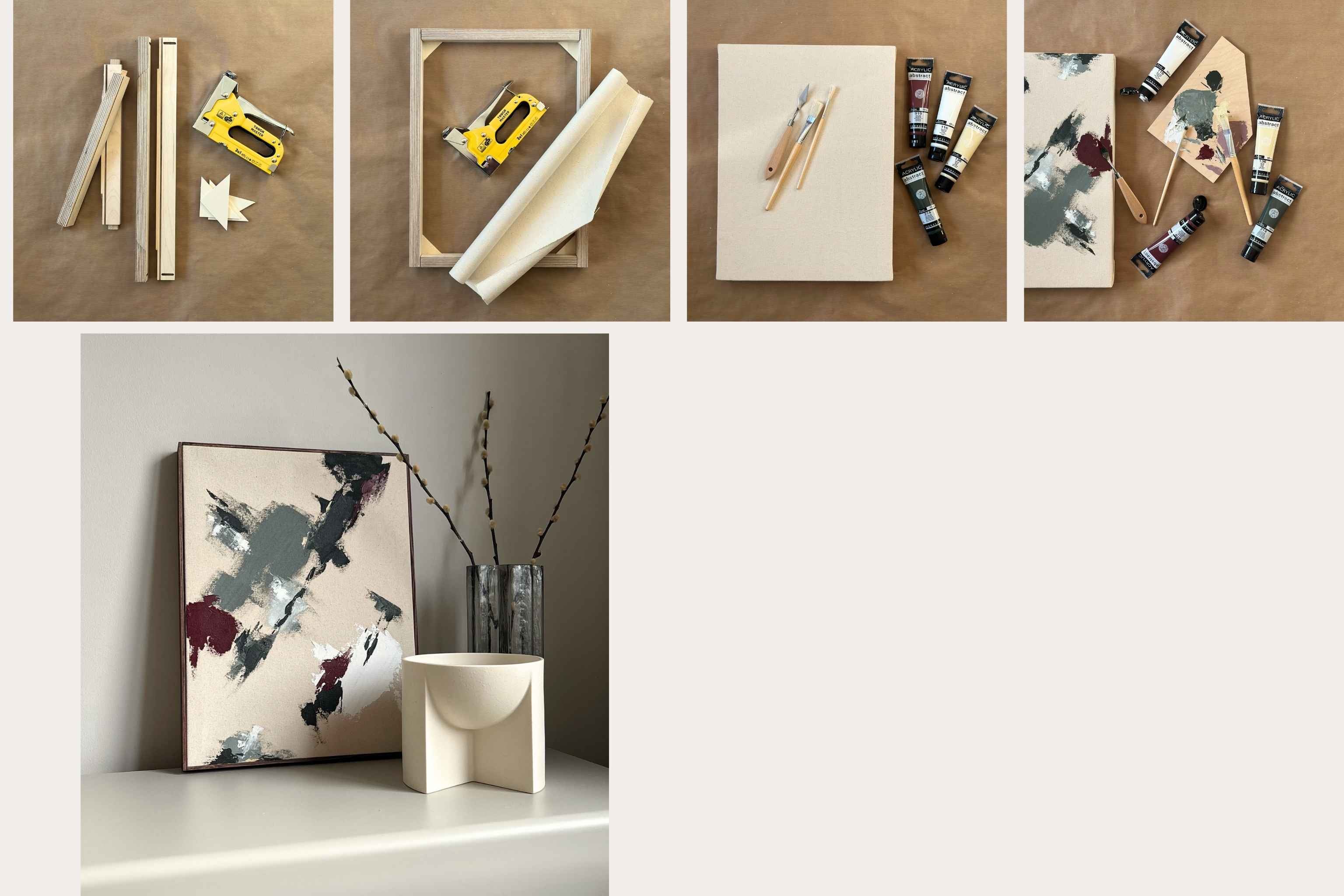 Plan DIY framed canvas art kit process showing custom inner frame, canvas, paints, tools, and a finished framed artwork with hand-stained dark oak edge frame in a modern home setting