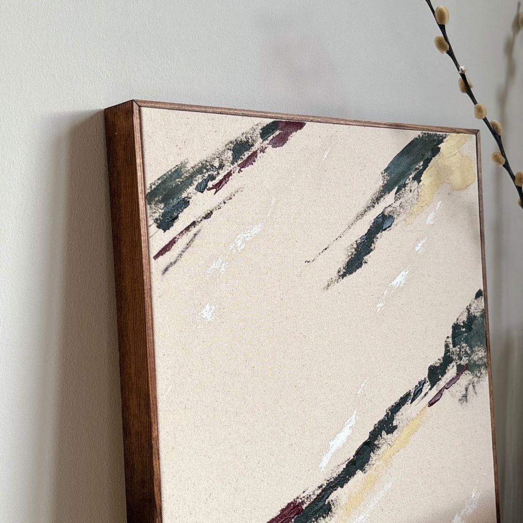 Completed canvas artwork with clean dark oak frame, ready to display, created using a DIY framed canvas art kit.