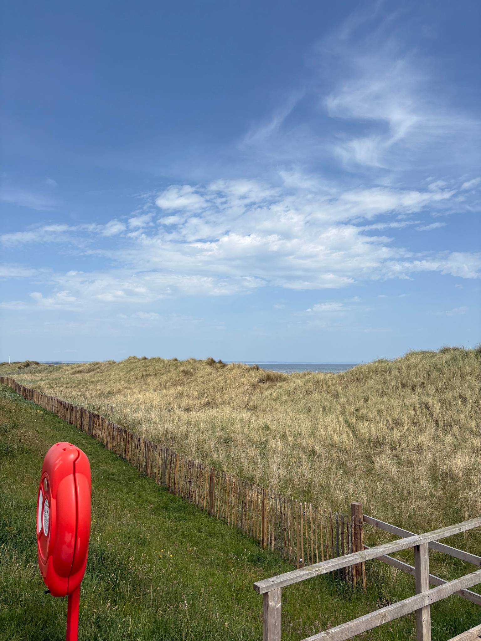 Coastal grassland and open sky with a bold red lifebuoy in the foreground, reflecting the striking contrast and bright accent colours in the Navy & Bright framed canvas art kit.