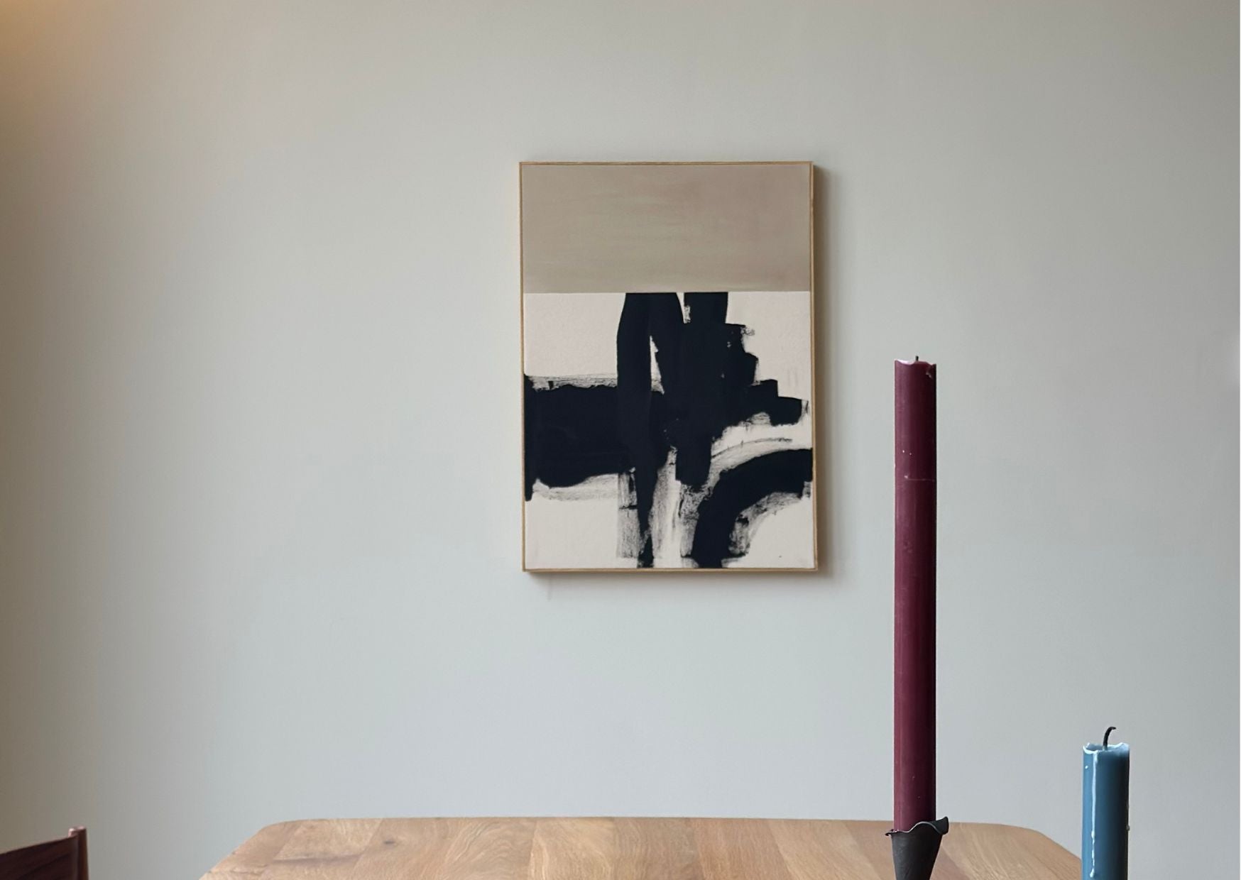 Abstract artwork made in a Monochrome colour palette with single art kit by Plan Art Kits. Create one framed abstract artwork in a modern UK home. Complete DIY art kit with frames, canvas, paints and tools included.