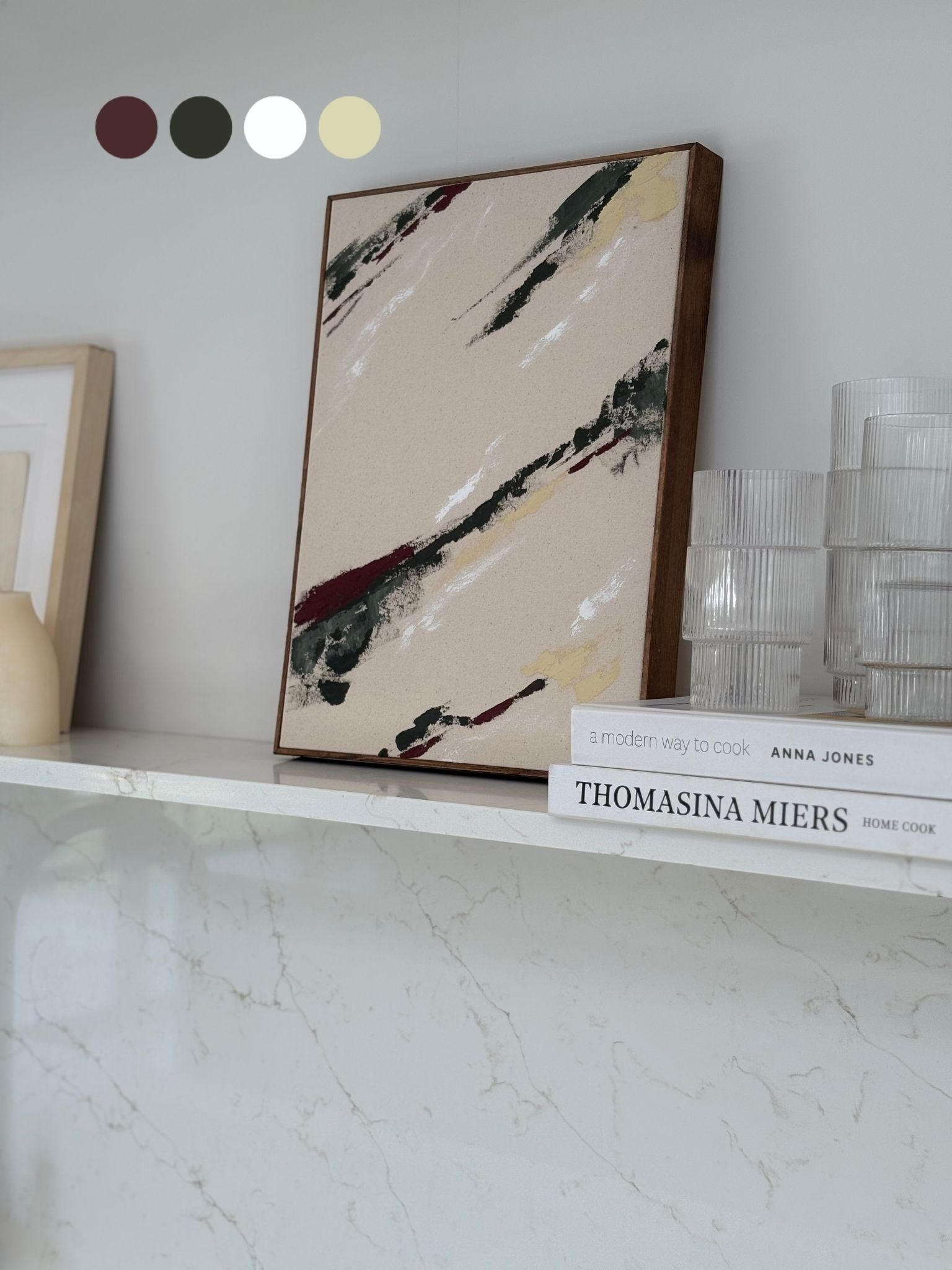 Minimalist abstract framed canvas artwork in forest red tones, DIY artwork made with the Forest Red framed canvas art kit, styled in a contemporary home