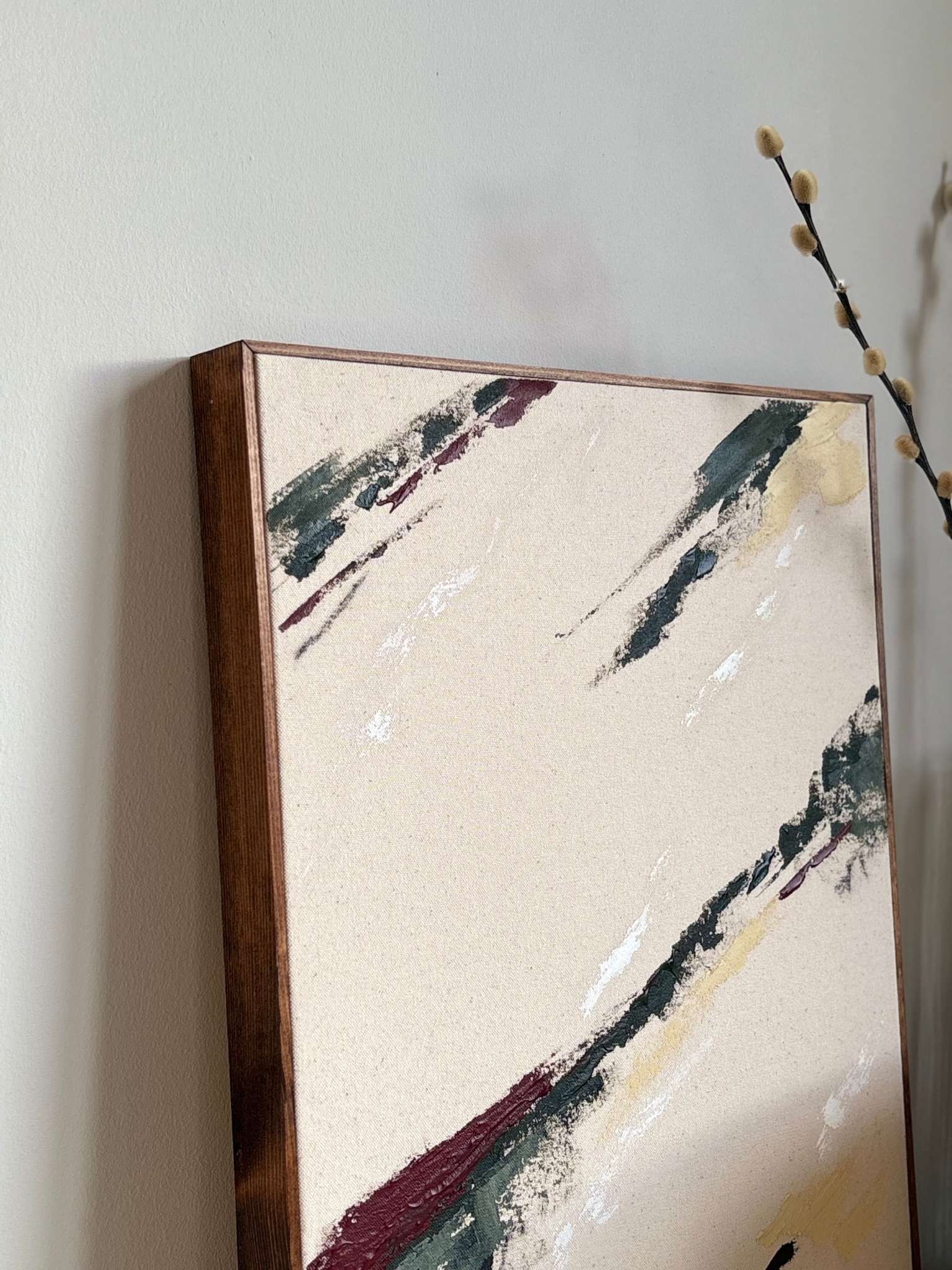 Close-up of abstract framed canvas artwork in forest red colour palette, DIY artwork created with the Forest Red framed canvas art kit and styled in a modern home