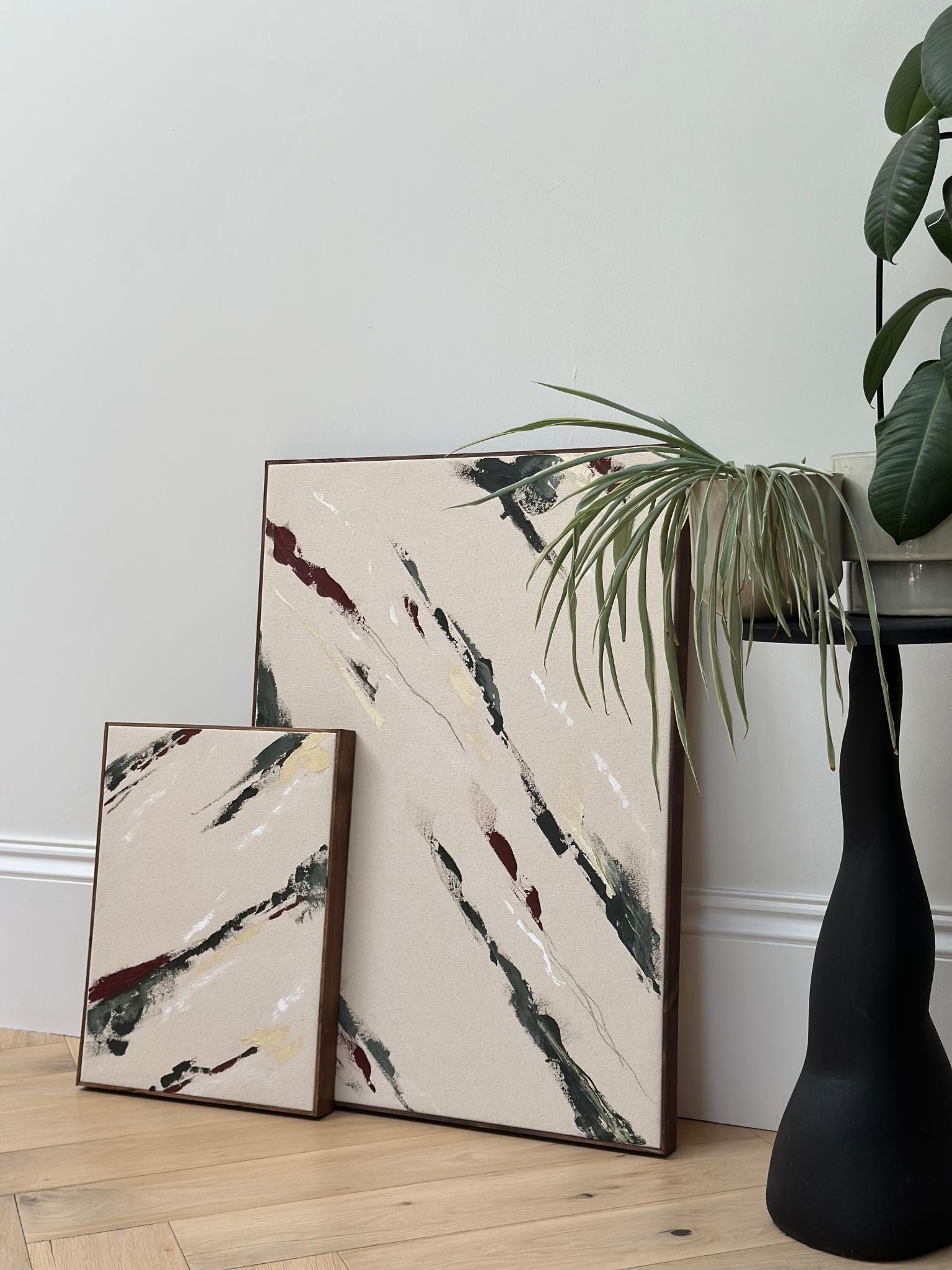 Abstract framed canvas art in forest red and neutral tones, DIY artwork made with the Forest Red framed canvas art kit, styled in a modern kitchen