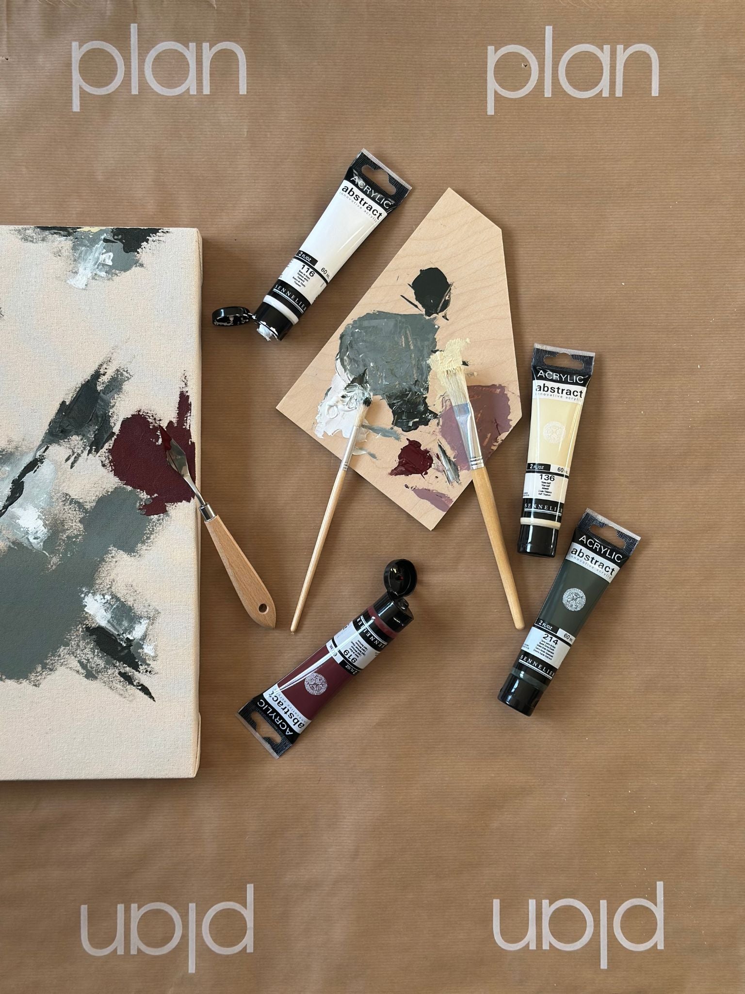 Forest red abstract canvas artwork with paints and tools, DIY artwork created using the Forest Red framed canvas art kit and colour palette