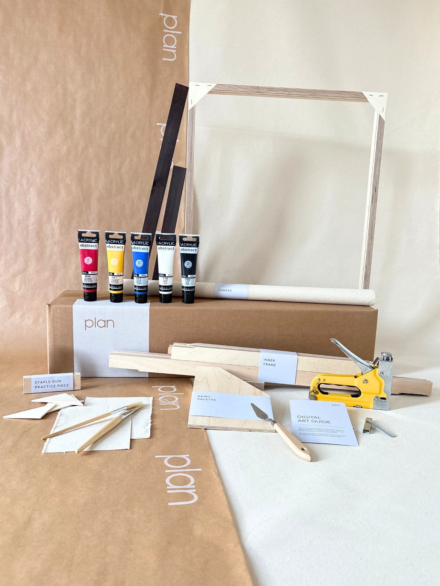 Large framed canvas art kit with primary colour paint set, 50 x 70 cm cotton canvas, dark oak edge frame, DIY abstract wall art kit by Plan