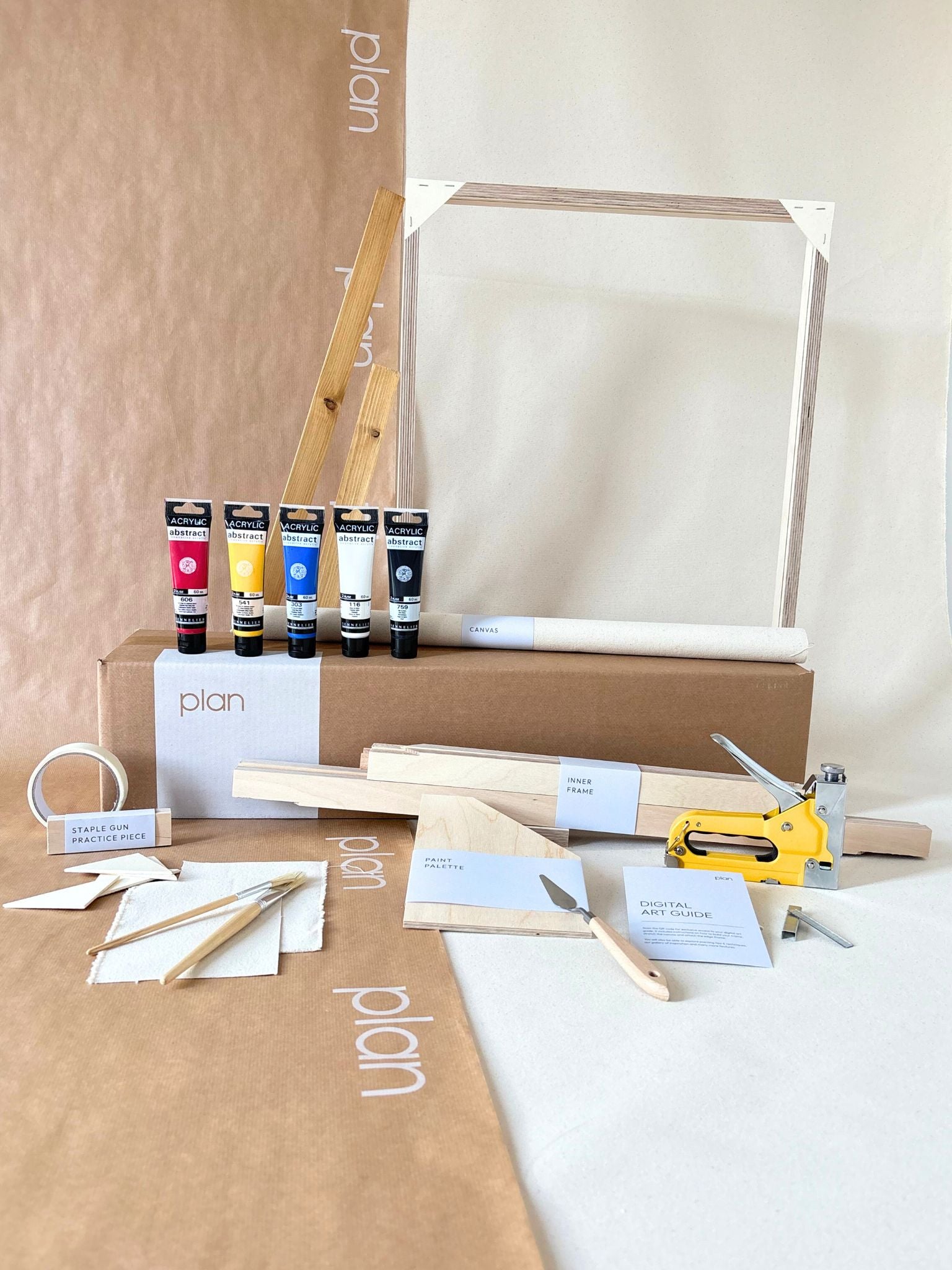 Large framed canvas art kit with primary colours, 50 x 70 cm cotton canvas, oak edge frame, DIY abstract wall art painting kit by Plan