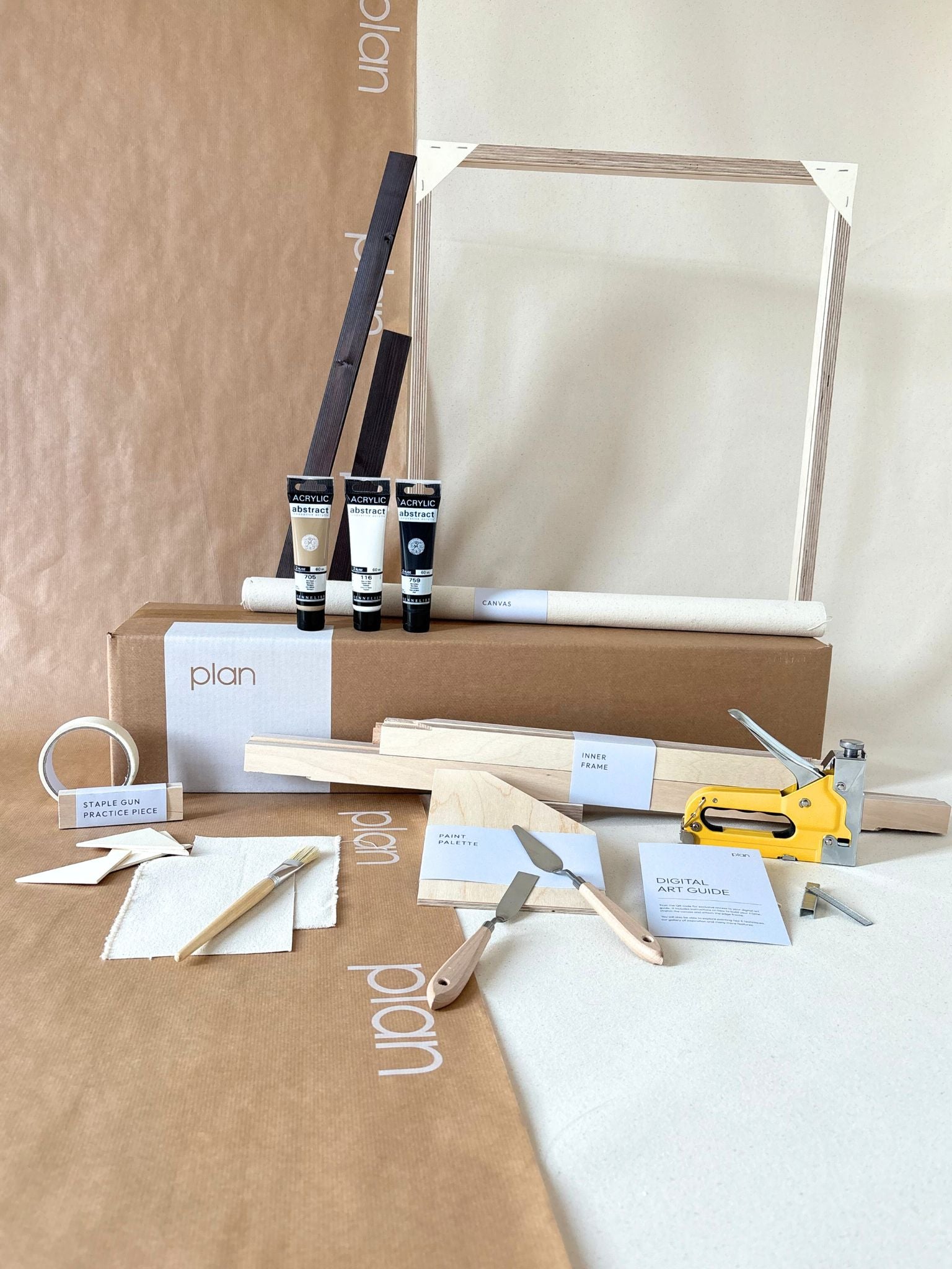 Large black and white framed canvas art kit in monochrome palette, cotton canvas DIY art kit with dark oak edge frame, custom frame, paints and tools included