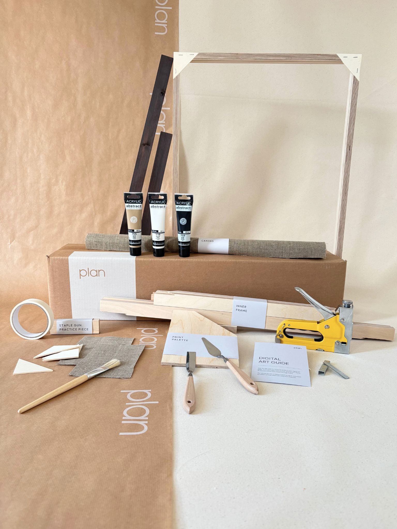 Large black and white framed canvas art kit in monochrome palette, linen canvas DIY art kit with dark oak edge frame, custom frame, paints and tools included