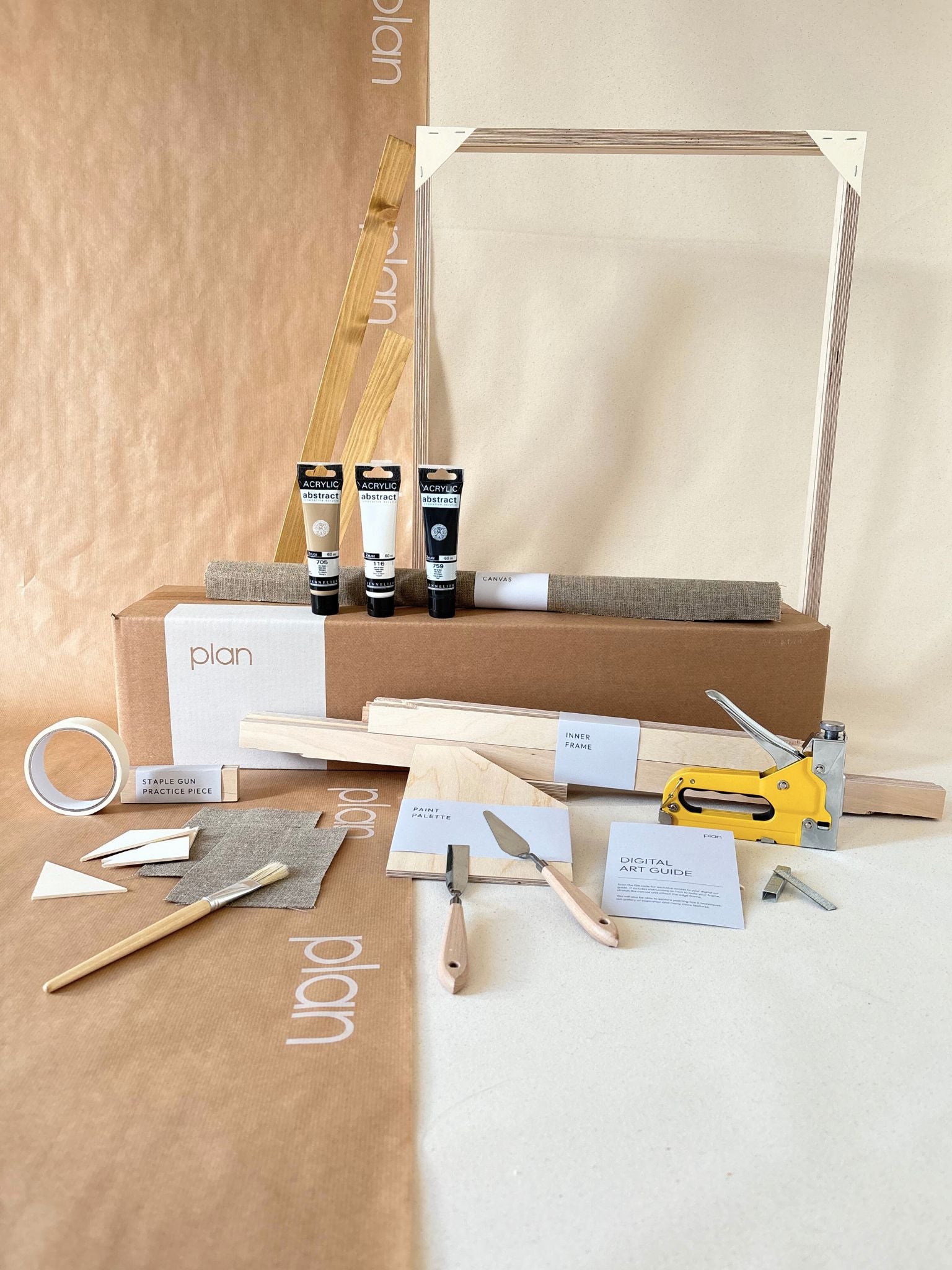 Large monochrome framed canvas art kit with linen canvas, black and white DIY wall art kit, oak edge frame, includes paints, inner frame, canvas and tools