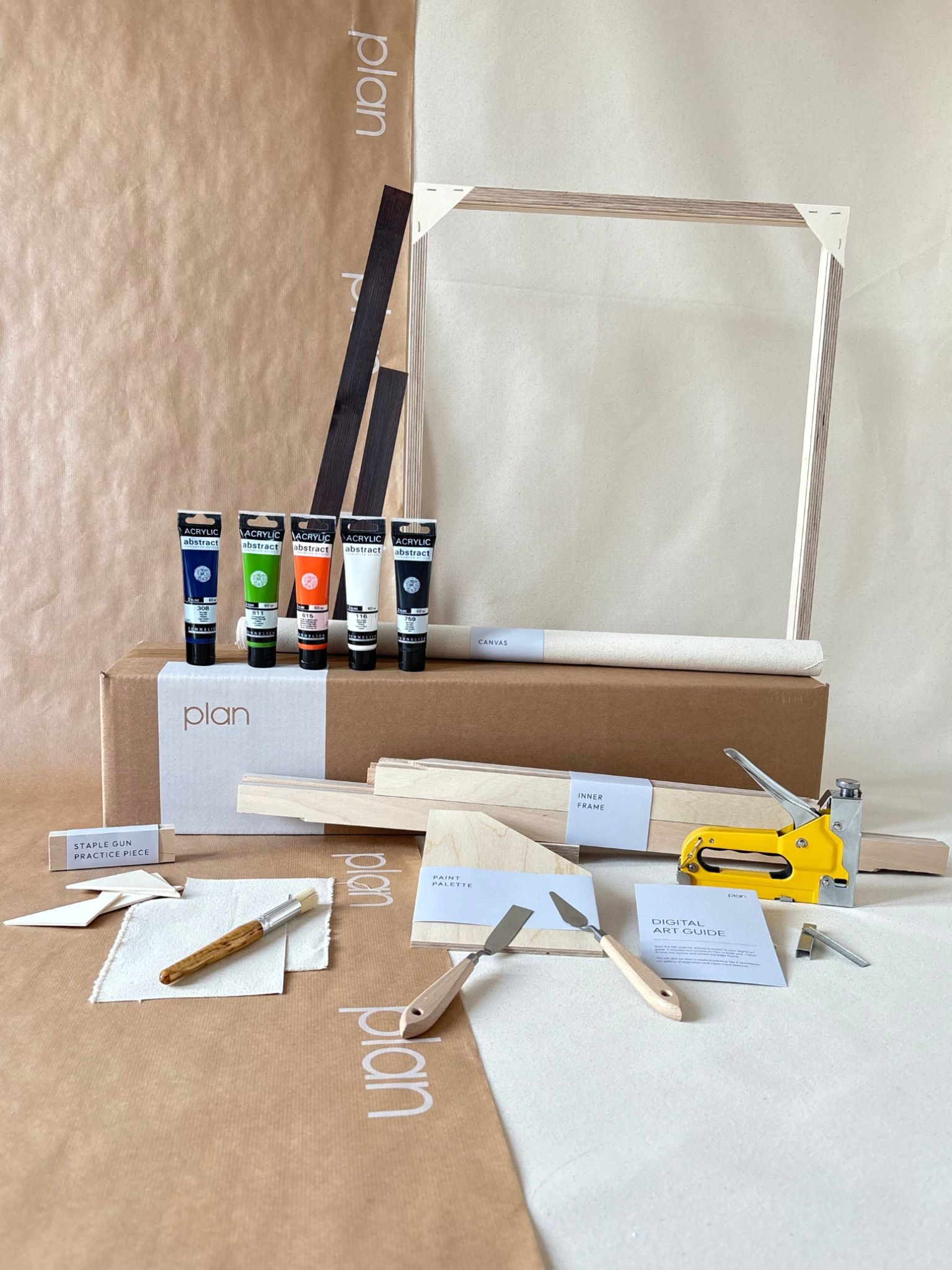 Large framed canvas art kit in navy and bright accents colour palette, DIY wall art kit with dark oak edge frame, custom inner frame, canvas, paints and tools included