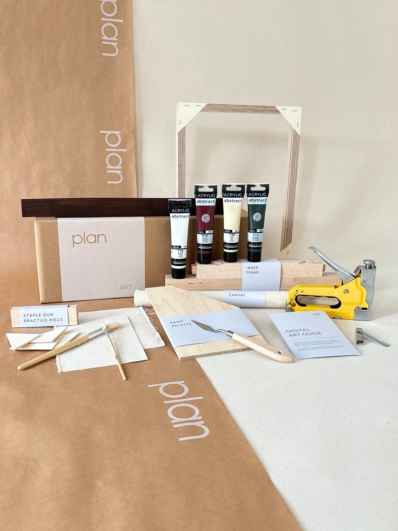 Minimalist abstract framed canvas artwork in forest red tones, DIY artwork made with the Forest Red framed canvas art kit, styled in a contemporary home