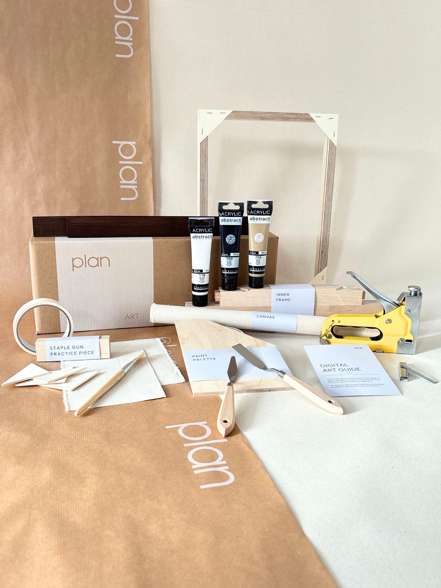 Black and white framed canvas art kit in monochrome palette, small cotton canvas DIY art kit with dark oak edge frame, paints, canvas and tools included