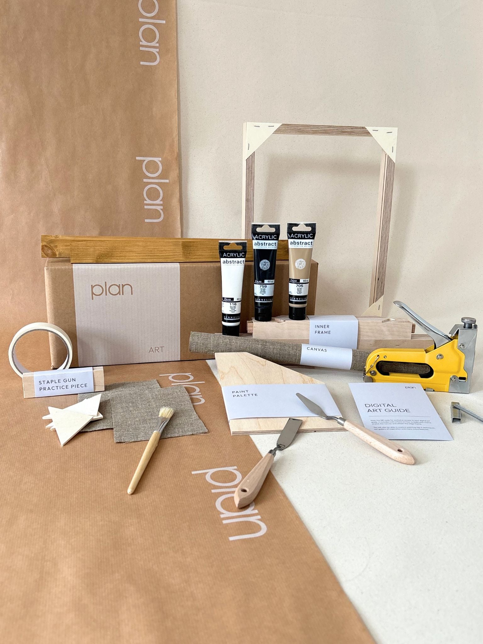 Monochrome DIY framed canvas art kit with linen canvas, small black and white canvas artwork, oak edge frame, includes paints, custom inner frame, tools and staple gun