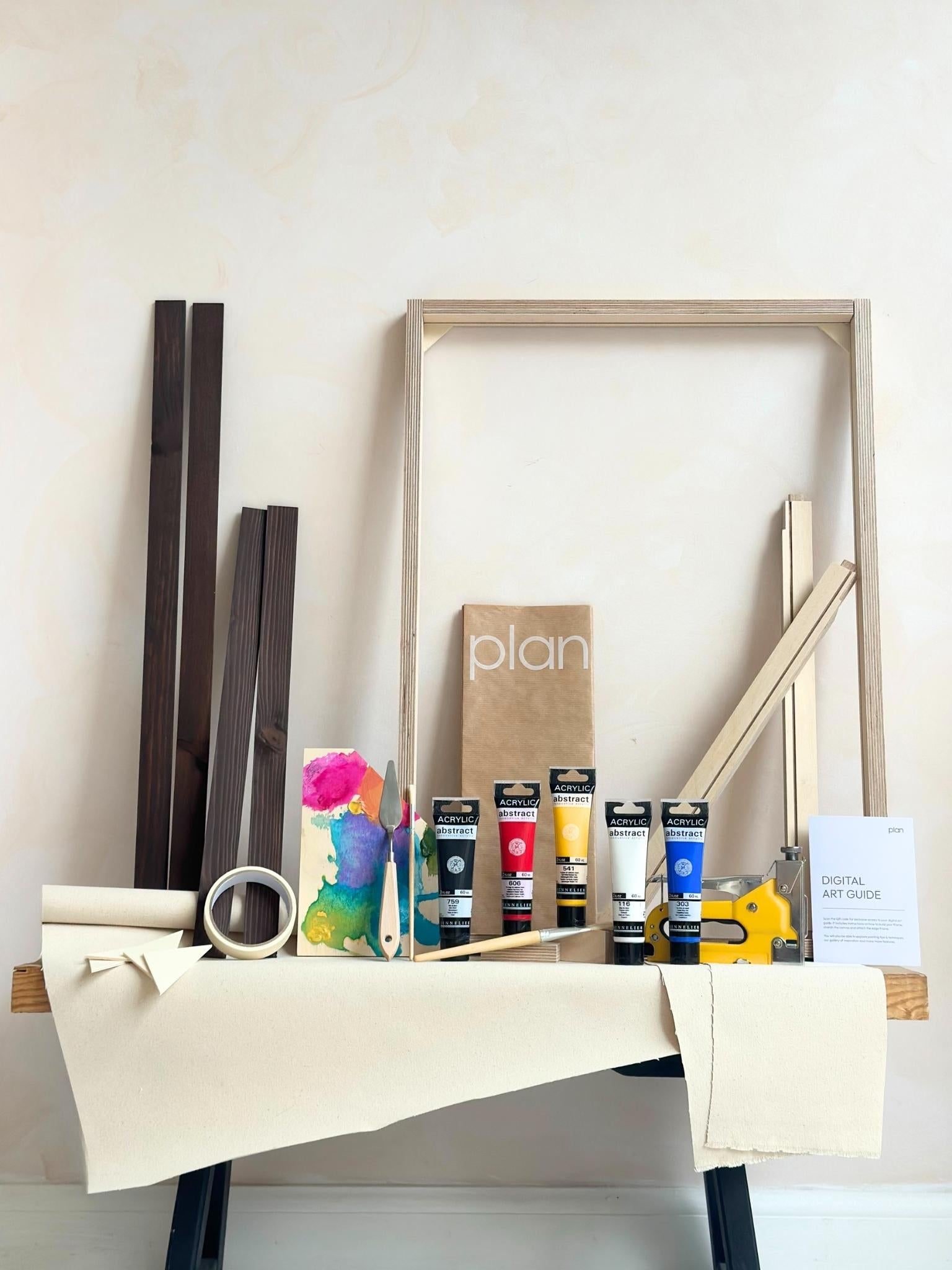 Large framed canvas art kit with primary colour paint set, 50 x 70 cm cotton canvas, dark oak edge frame, DIY abstract wall art kit by Plan.