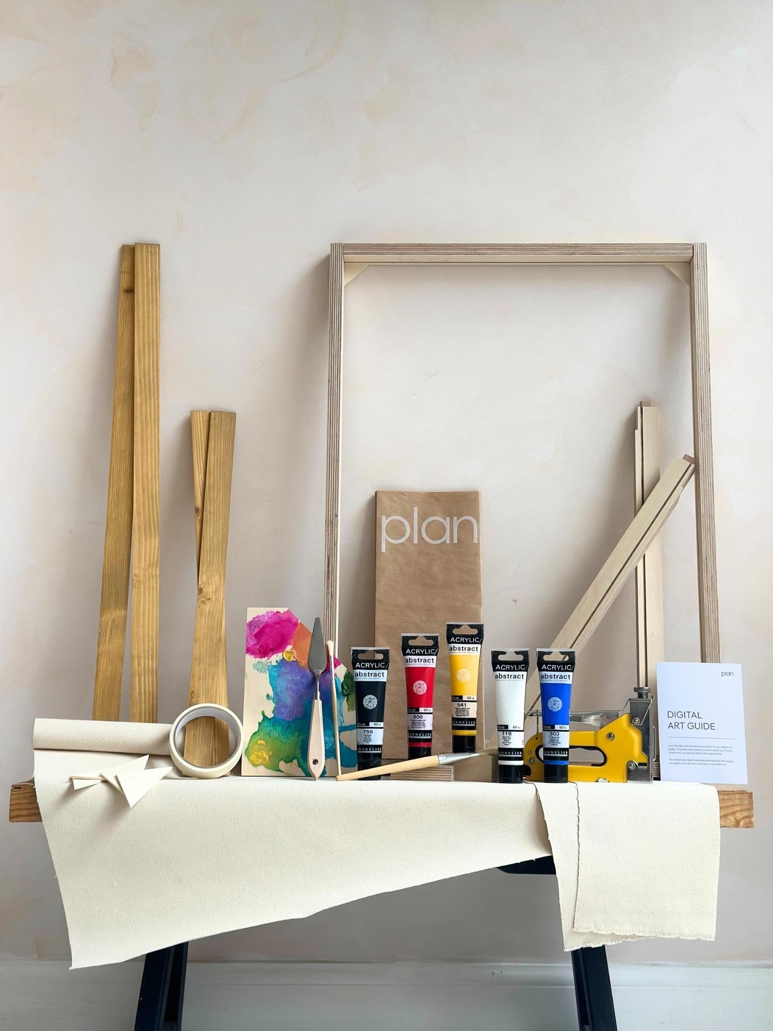 Large framed canvas art kit with primary colours, 50 x 70 cm cotton canvas, oak edge frame, DIY abstract wall art painting kit by Plan.