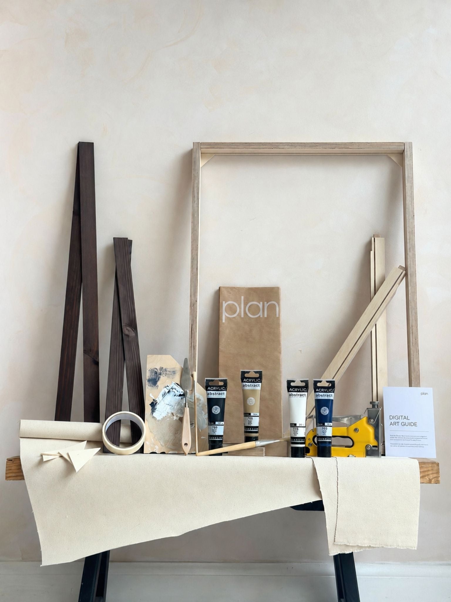 Large black and white framed canvas art kit in monochrome palette, cotton canvas DIY art kit with dark oak edge frame, custom frame, paints and tools included.