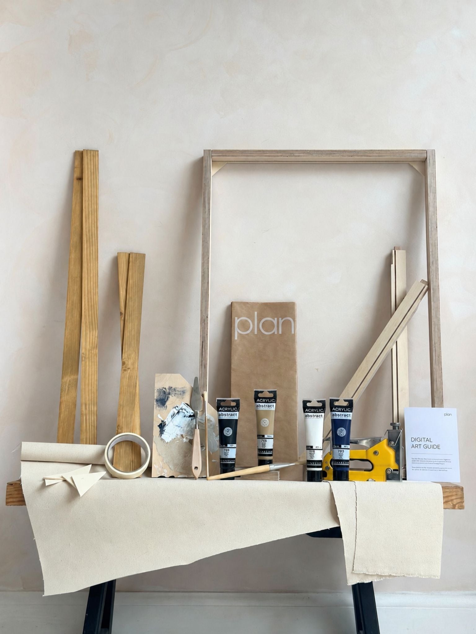 Large monochrome framed canvas art kit with cotton canvas, black and white DIY wall art kit, oak edge frame, includes paints, inner frame, canvas and tools.