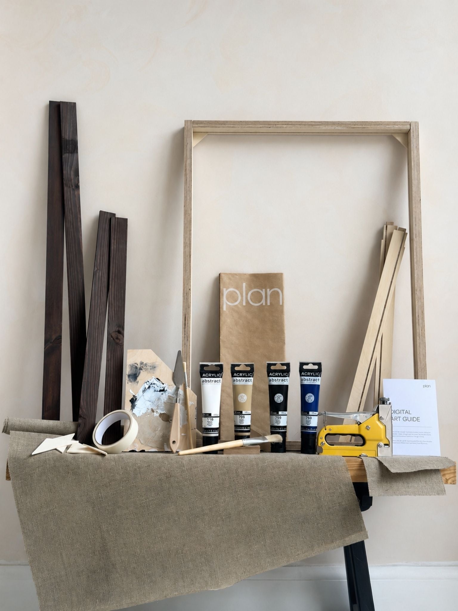 Large black and white framed canvas art kit in monochrome palette, linen canvas DIY art kit with dark oak edge frame, custom frame, paints and tools included.