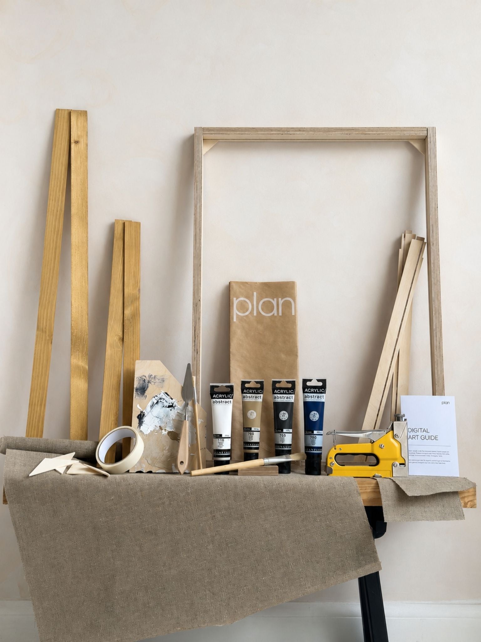 Large monochrome framed canvas art kit with linen canvas, black and white DIY wall art kit, oak edge frame, includes paints, inner frame, canvas and tools.
