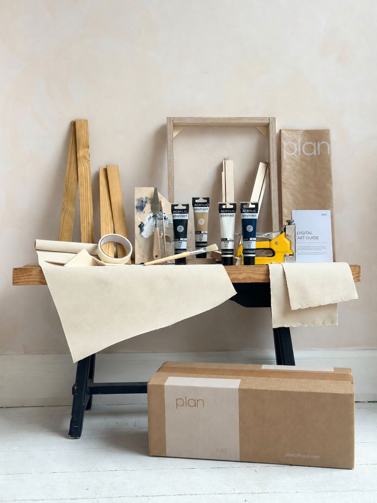 Monochrome DIY framed canvas art kit with cotton canvas, small black and white canvas artwork, oak edge frame, includes paints, custom inner frame, tools and staple gun.