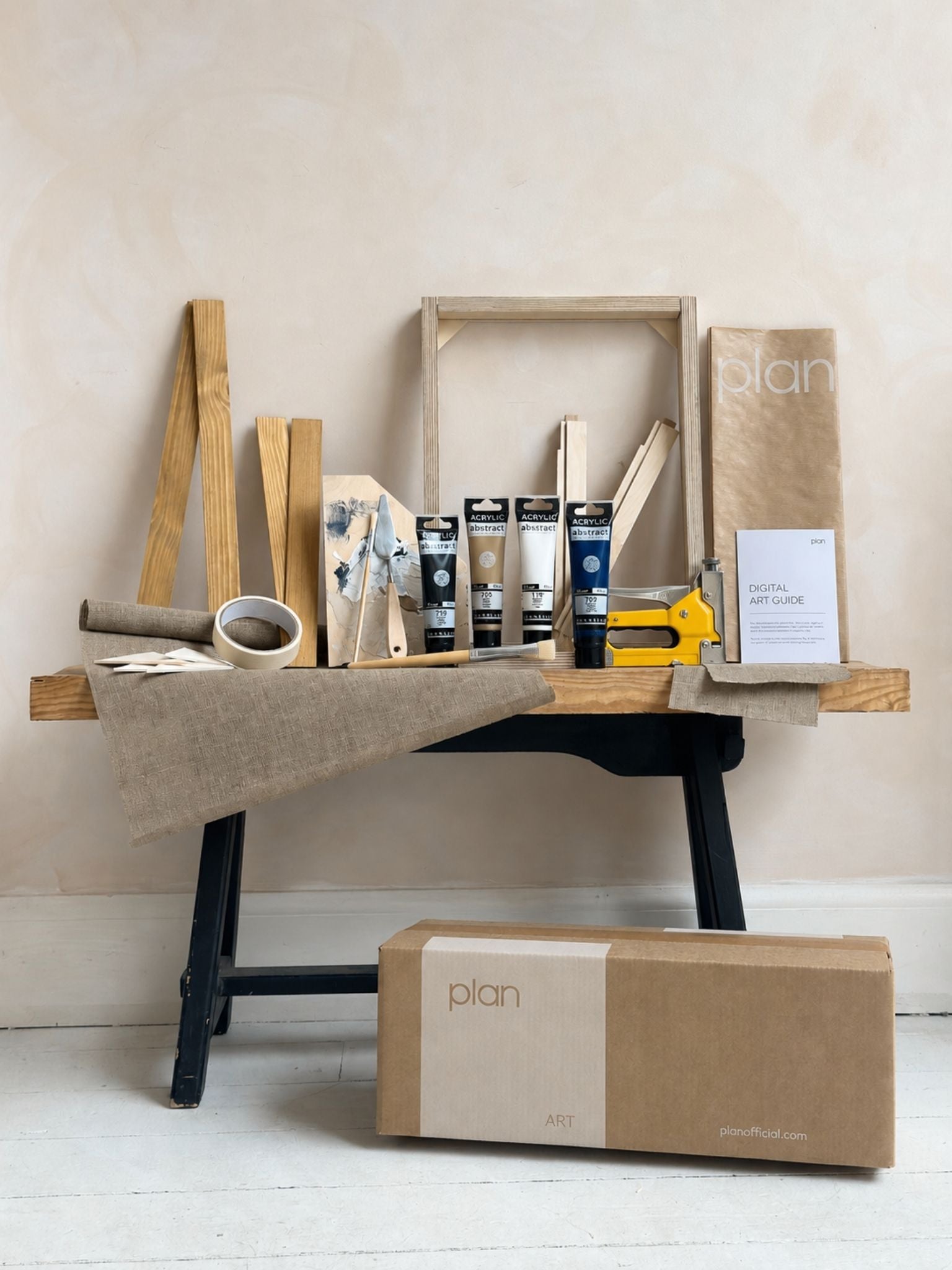 Monochrome DIY framed canvas art kit with linen canvas, small black and white canvas artwork, oak edge frame, includes paints, custom inner frame, tools and staple gun.