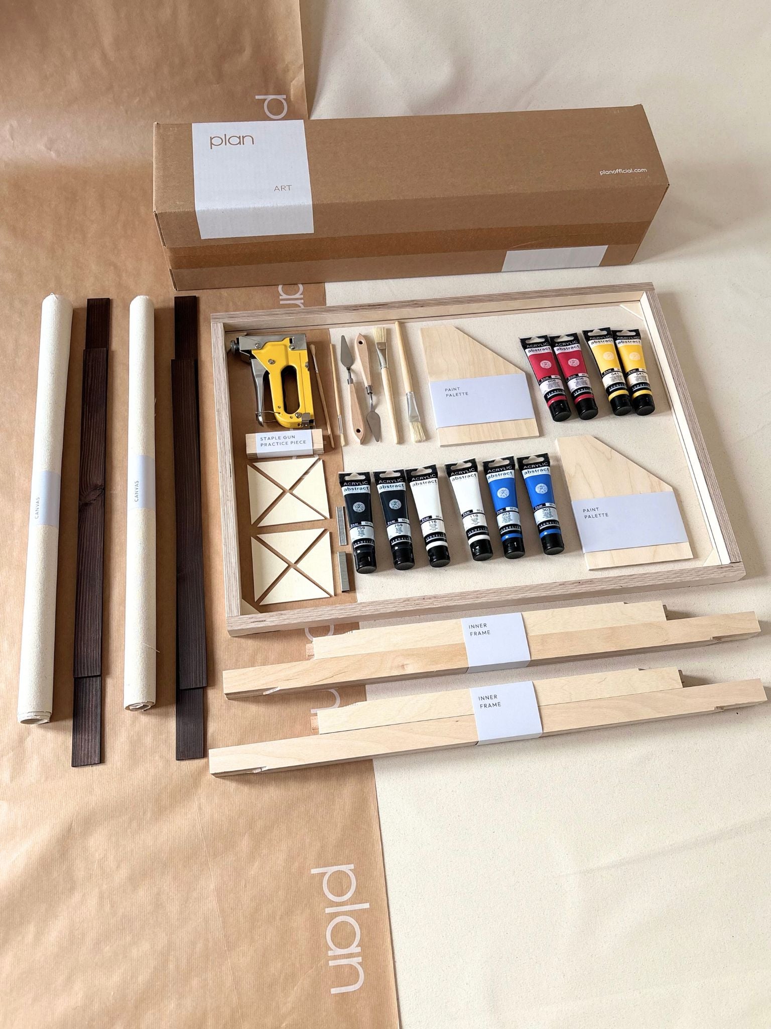 Primary colours double framed canvas art kit, two large DIY canvases with dark oak edge frames, complete art kit for creating matching wall art at home