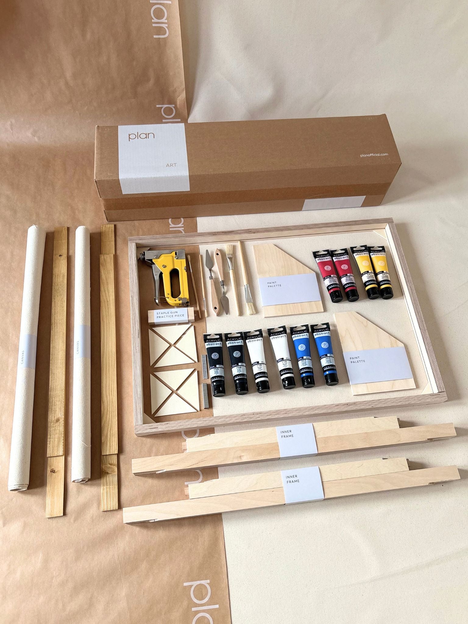 Large double framed canvas art kit with primary colours palette, two large DIY canvases with oak edge frames, create two matching artworks with paints and tools included